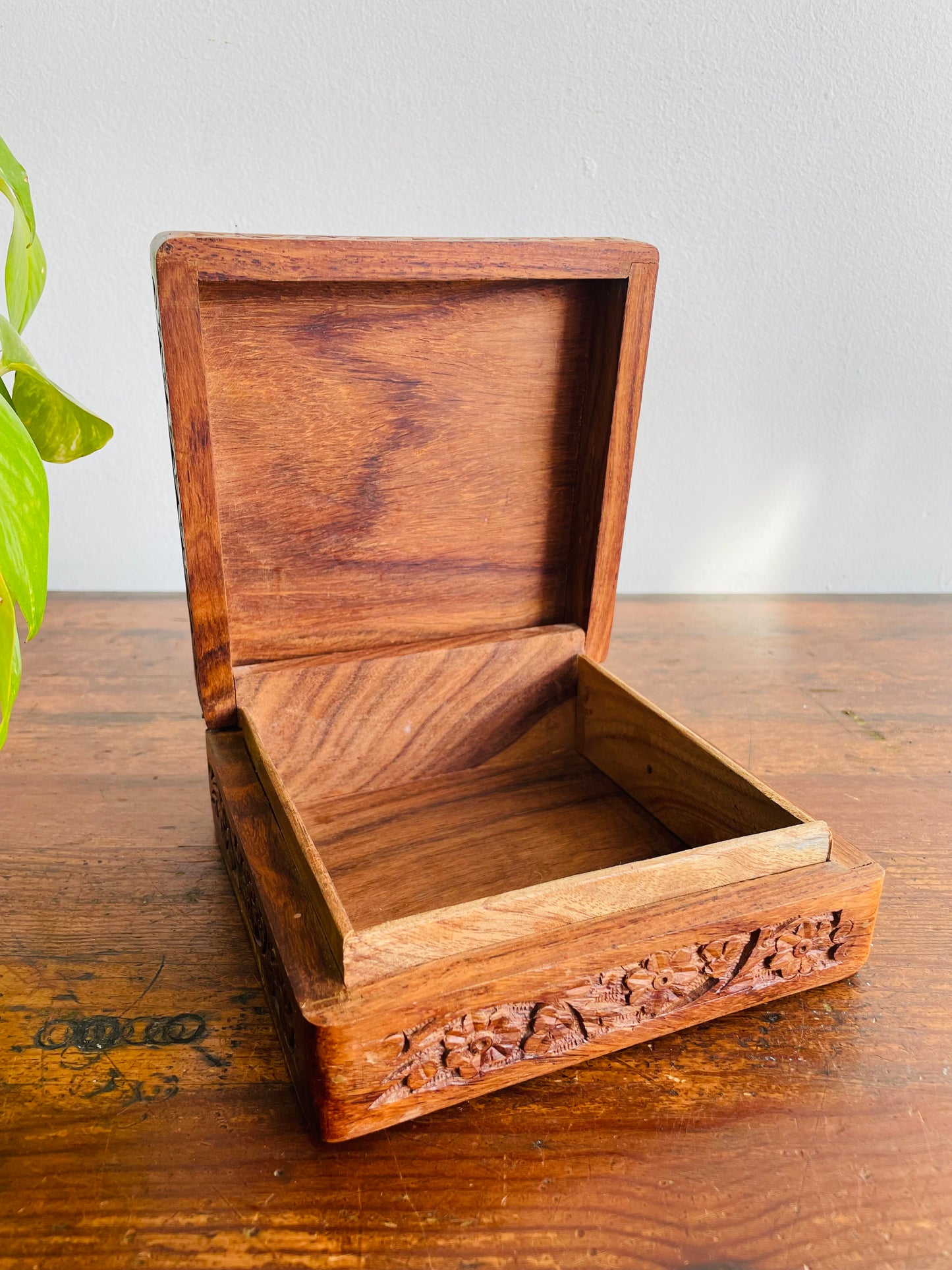 Square Indian Rosewood Box with Hinged Lid & Ornate Carved Flower Design