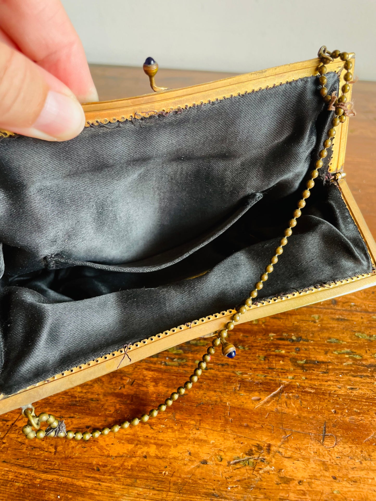 Delicate 1920s Black Evening Bag Purse on Brass Chain with Floral Petit Point Embroidery - Has Attached Coin Purse Inside
