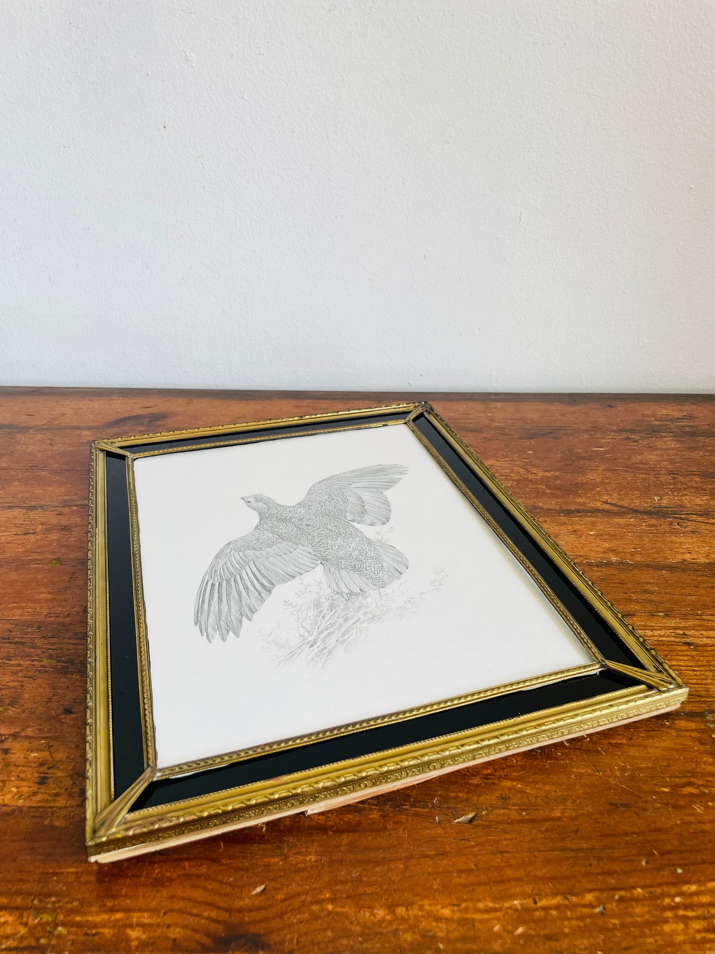 Vintage Stunning Brass & Glass Picture Frame with Black Mat & Easel or Hook Backing - Black & White Grouse Bird in Flight Print Currently Inside / Easily Swap for Your Own Picture!