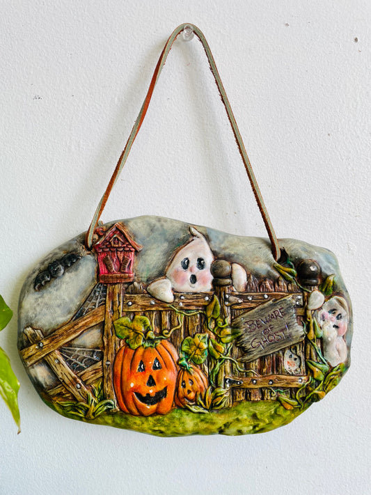 Vintage Hand Painted Ceramic Beware of Ghost Sign with Leather Rope for Hanging - Jack-o-Lantern Pumpkins & Ghosts - Haunted Halloween Spooky Decor