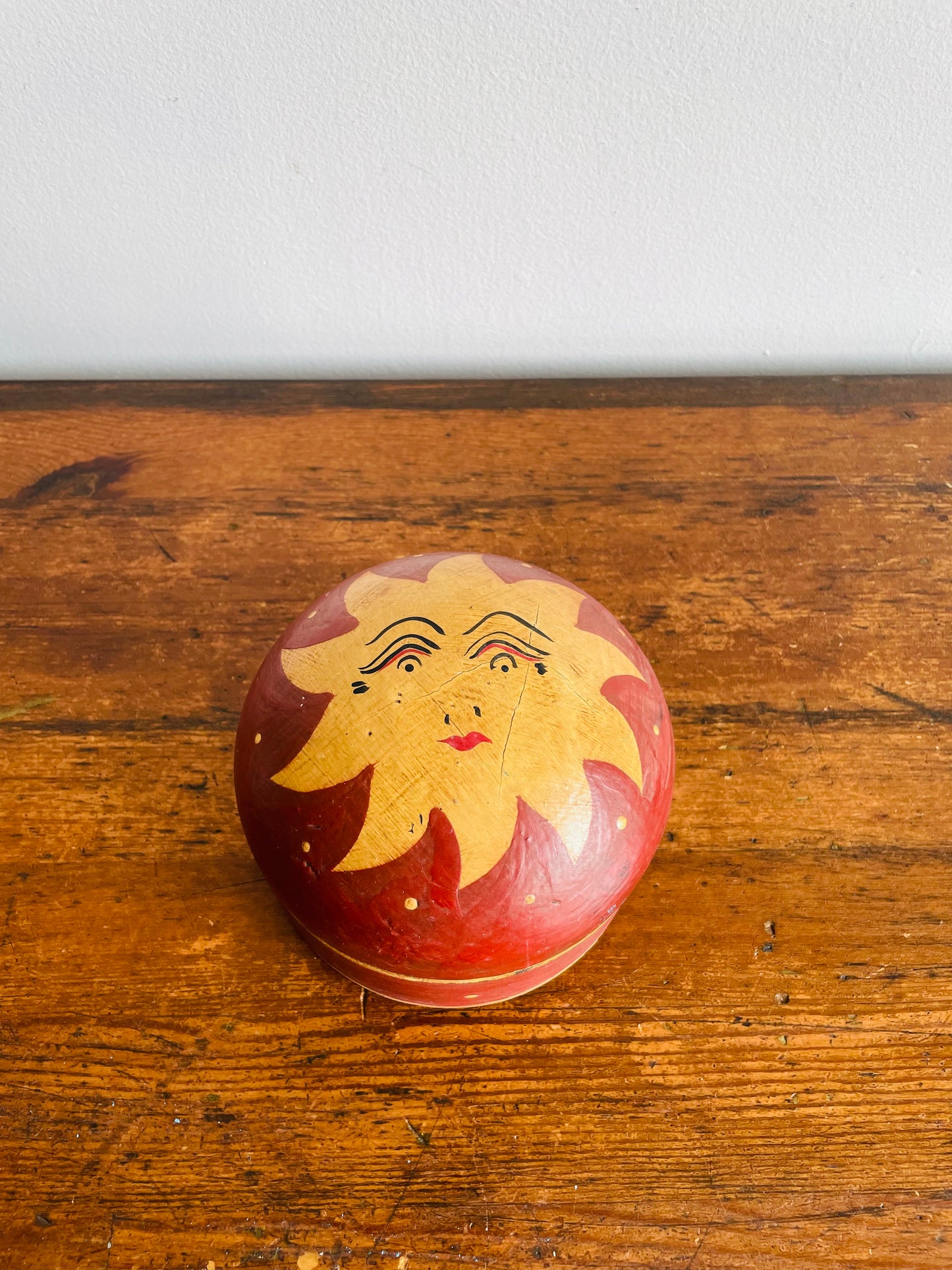 Round Wood Celestial Trinket Box with Sun Design