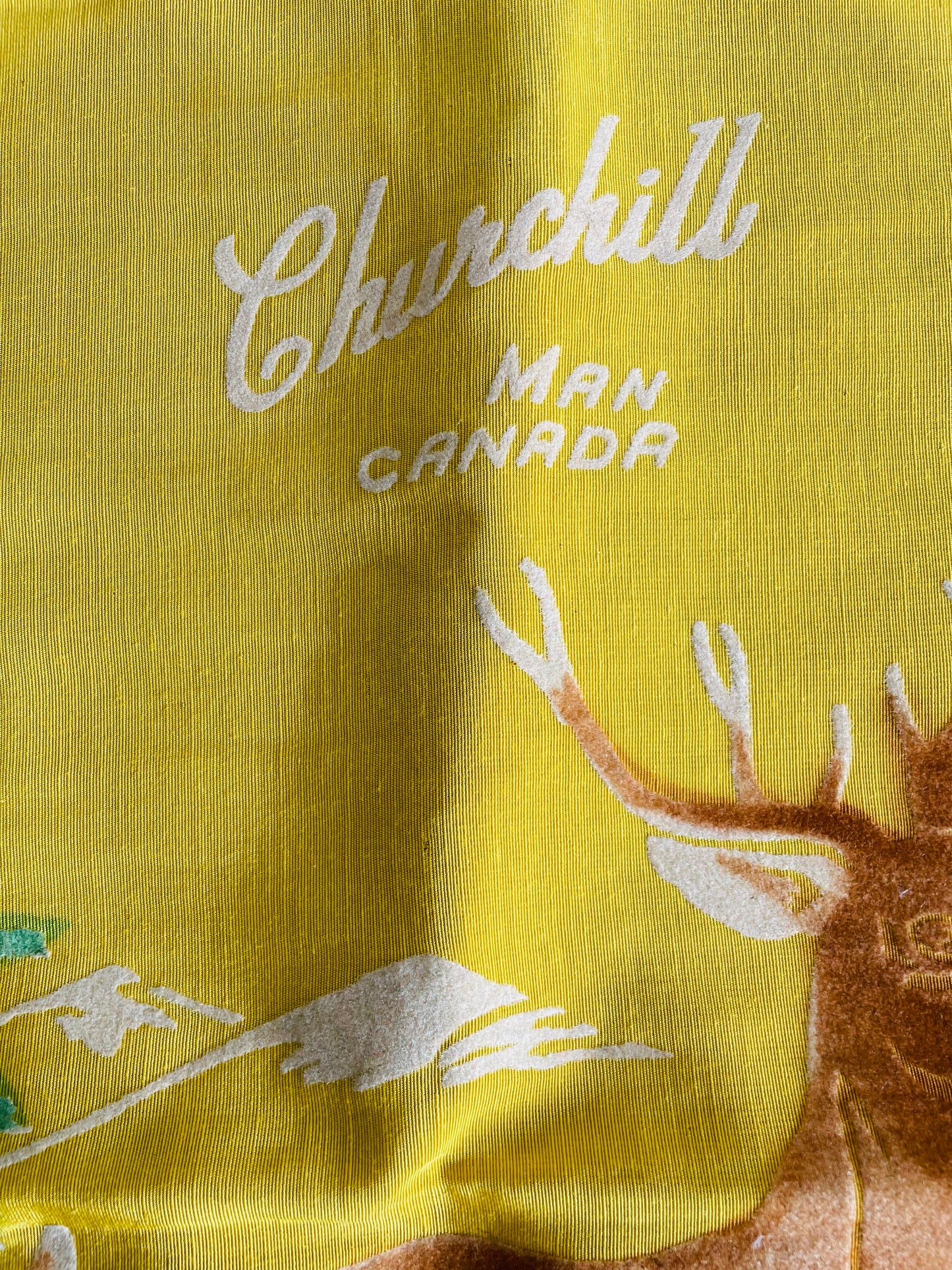 Vintage 1940s WW2 Churchill Manitoba Canada Navy Blue & Yellow Souvenir Throw Pillow Cushion Cover with Velvet Deer in Forest Design & Fringe - Pillowcase Only
