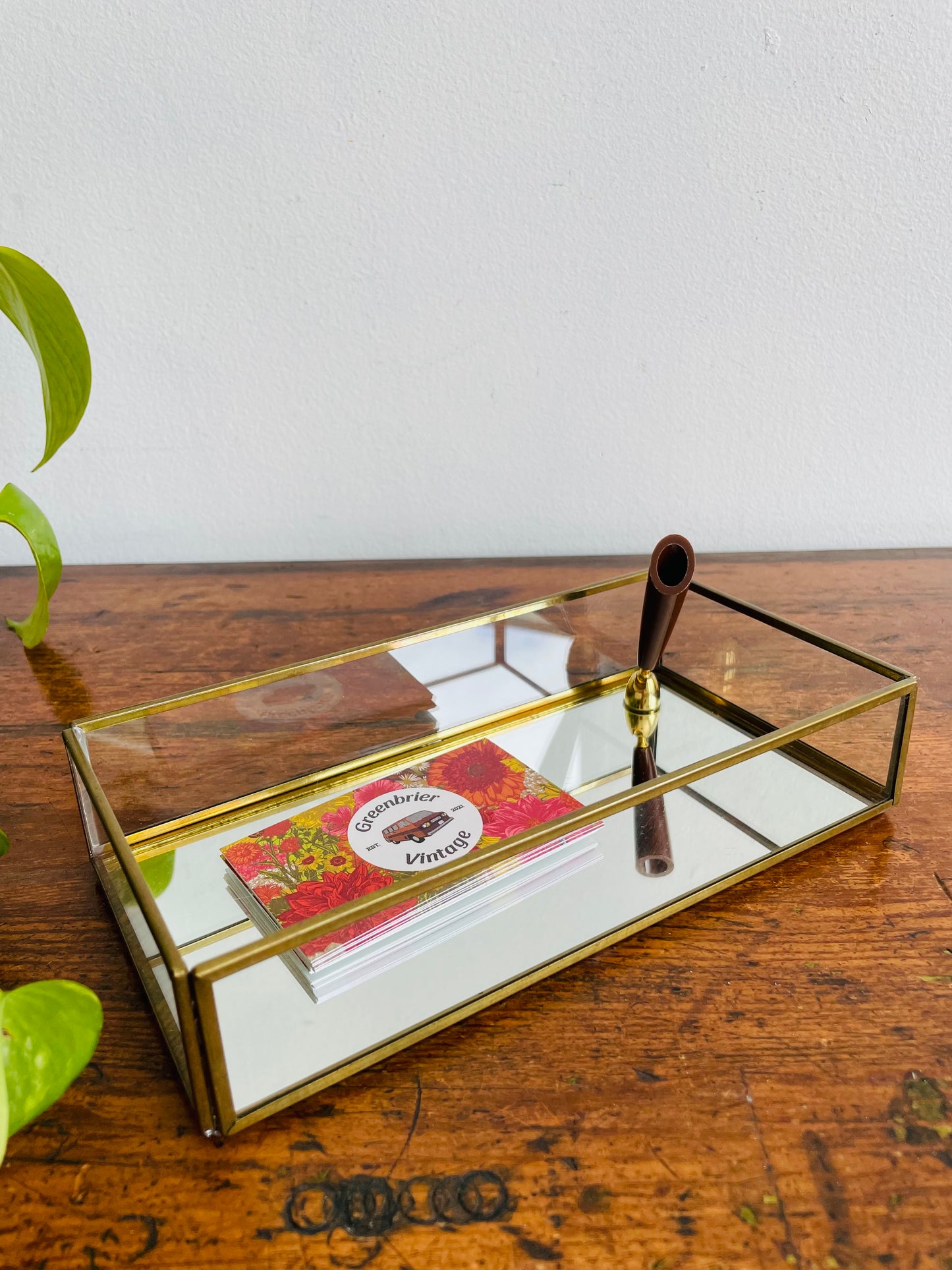 Brass Mirrored Box with Pen Holder - Great for Business Cards, Office Supplies, Etc.