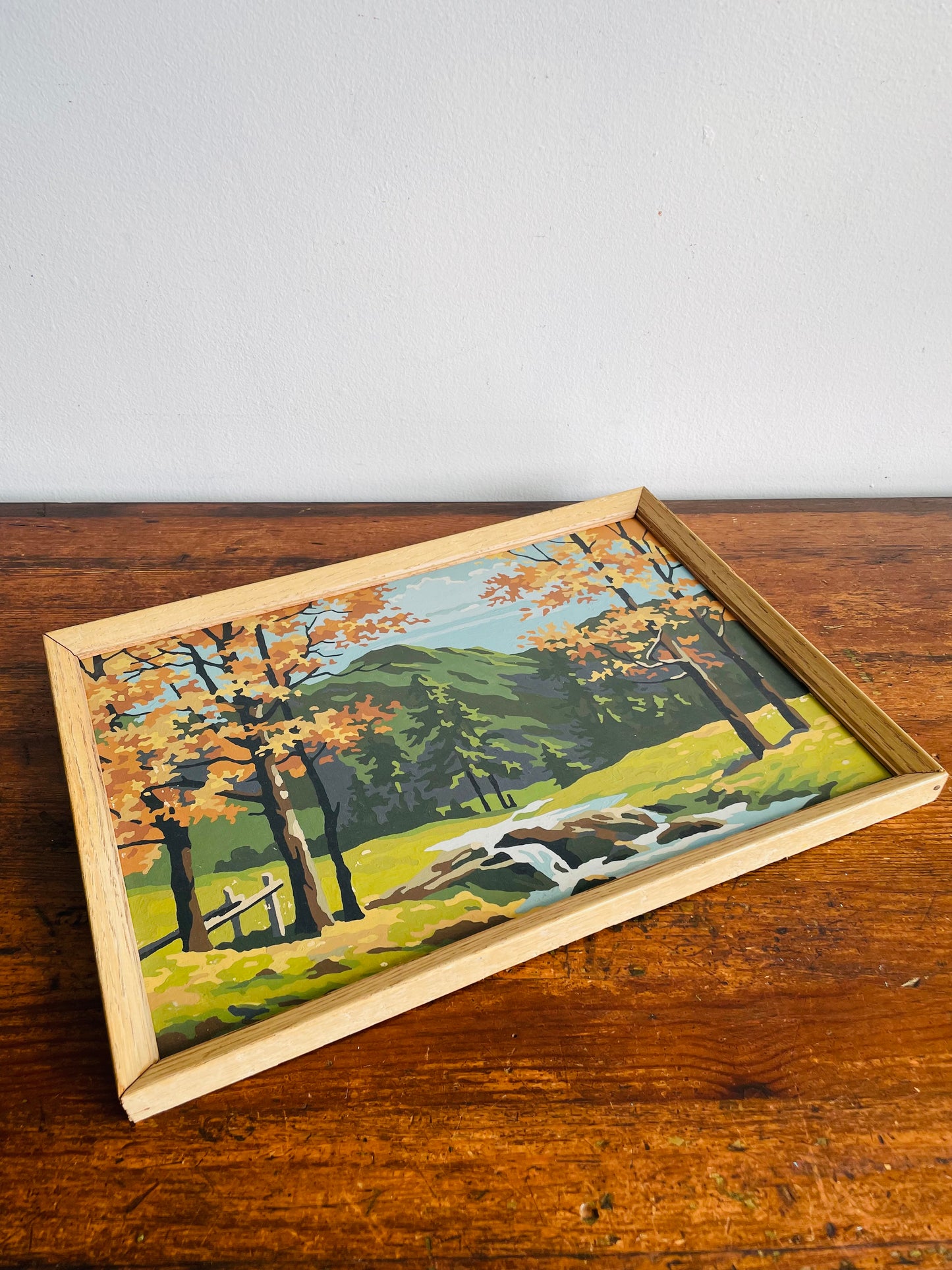 Vintage 1960s Paint by Number (PBN) Picture in Wood Frame of Mountain Landscape Scene with River & Fall Foliage - 11" x 15"