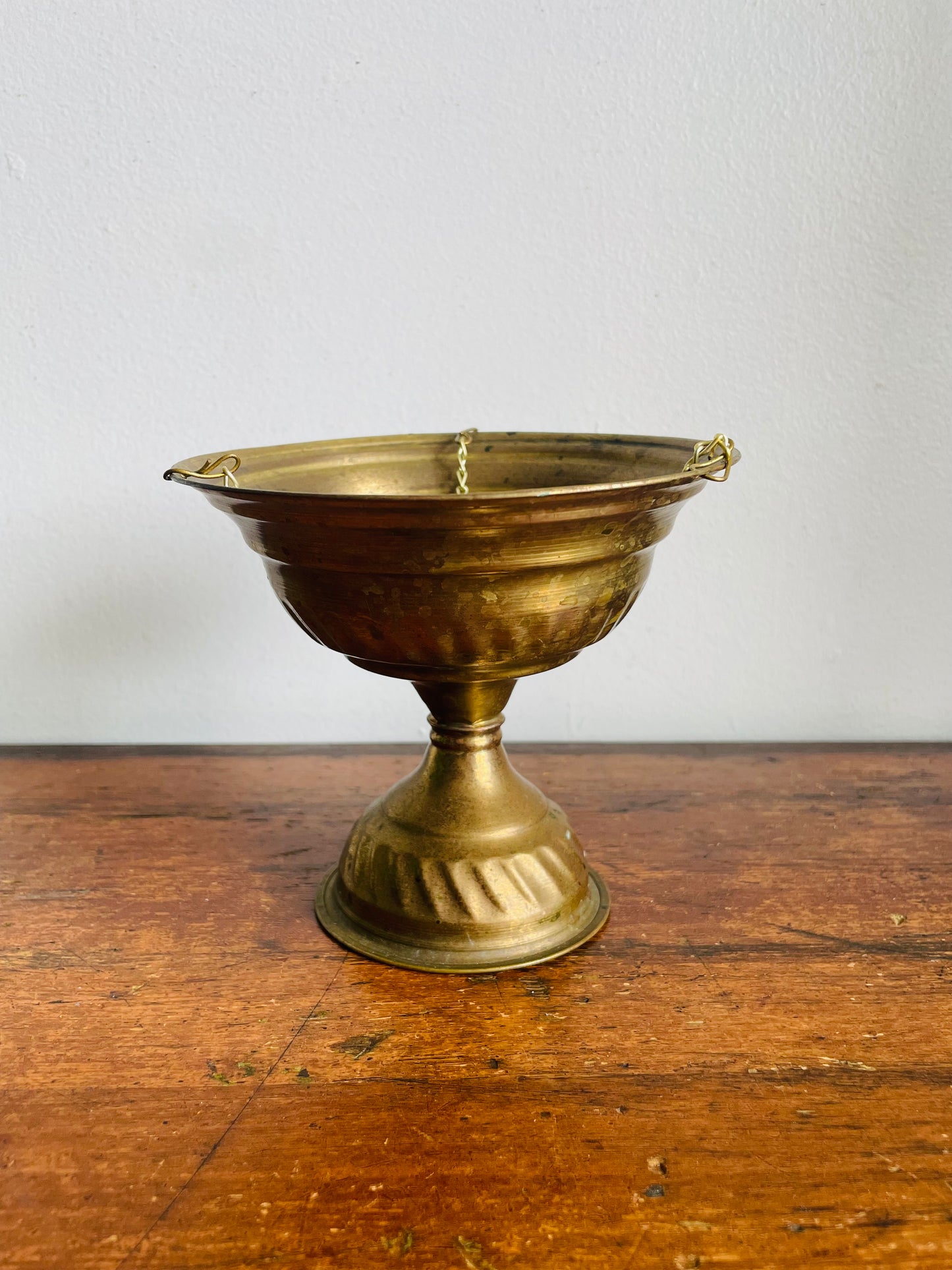 Vintage Brass Pedestal Dish Hanging Planter Pot - Can Stand or Hang from Chain