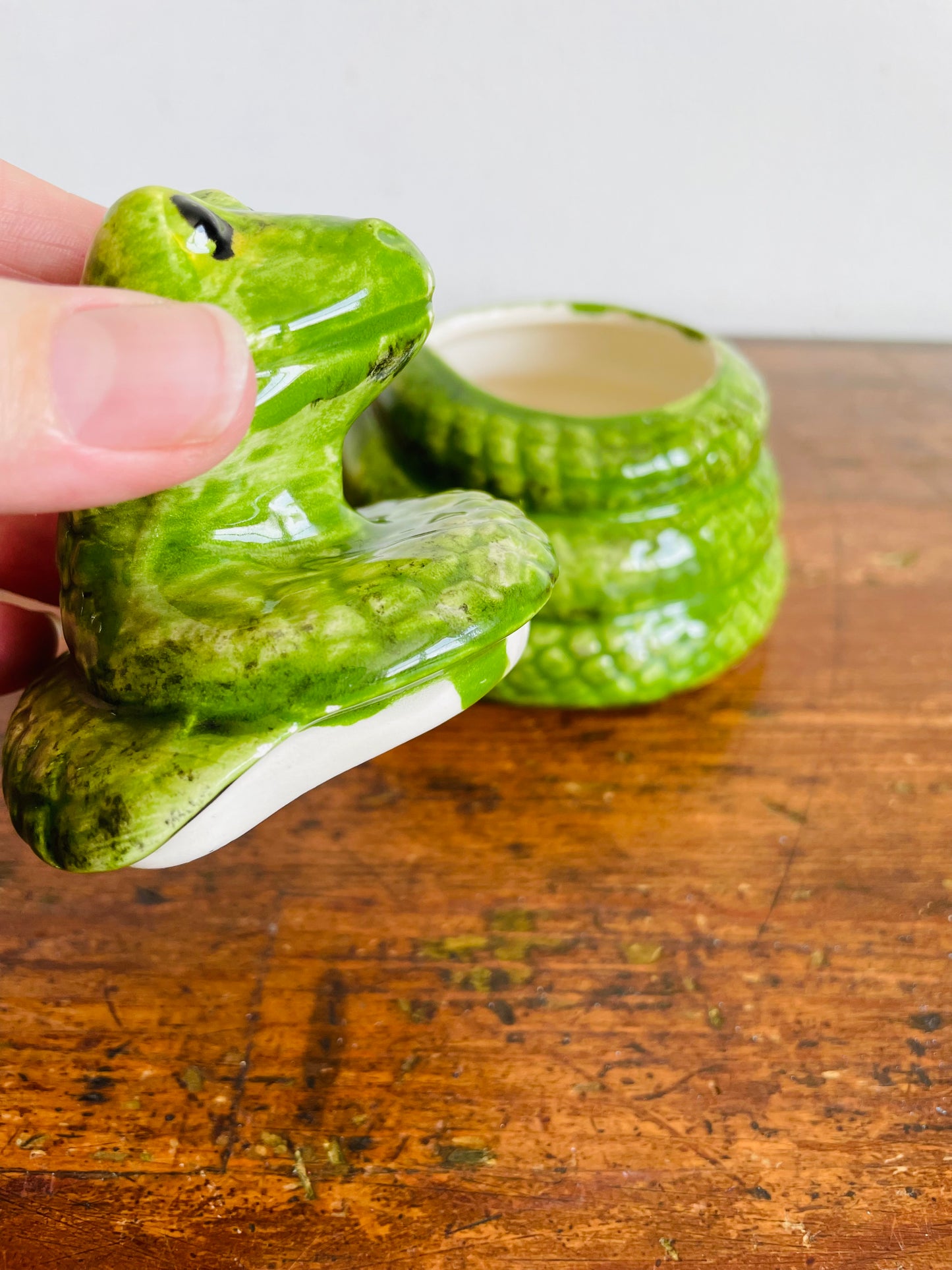 Adorable Hand Painted Green Ceramic Coiled Snake Jar with Lid