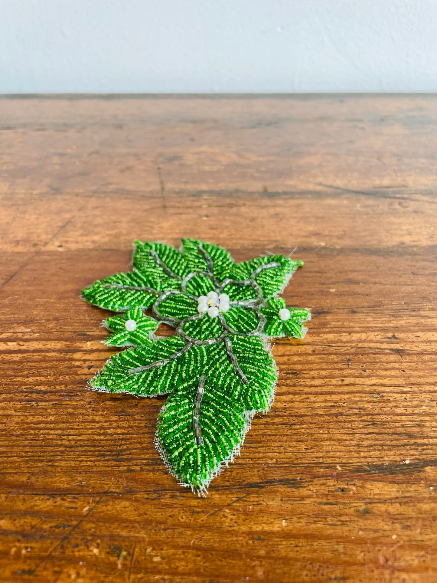 Handmade Green Flower Beaded Appliqué Patch