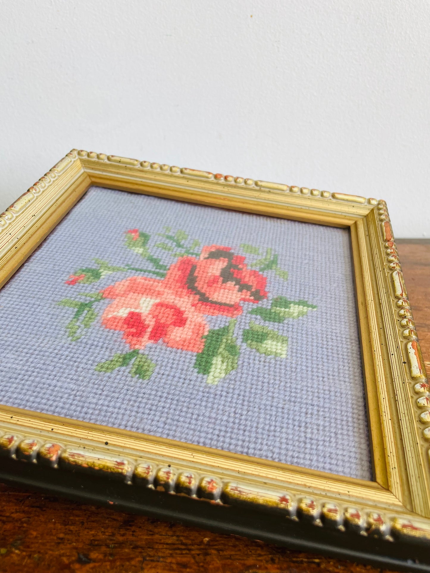 Vintage Needlepoint Embroidery Picture of Pink Roses on Blue Background in Diamond Frame - Simpsons Department Store