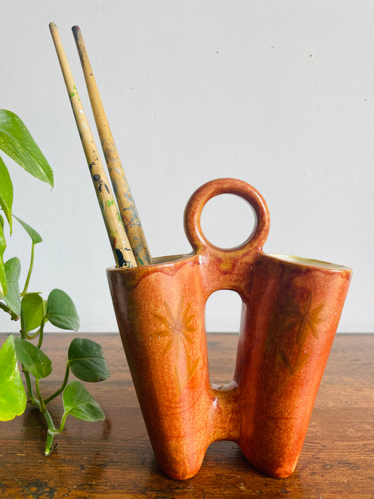 Vintage 1976 Handmade & Painted Ceramic Paintbrush Caddy Holder with Handle - Glaze & Stain Brushes