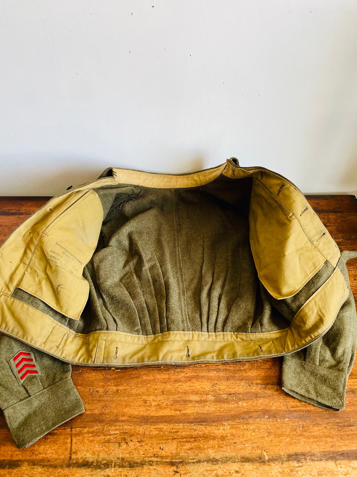 Vintage WW2 1943 Battle Dress Blouse Serge Wool Shirt - Size 6 - 8 LAA RCA - 8th Light Anti-Aircraft Regiment - Royal Canadian Artillery - Made by Hyde Park Clothes Limited Montreal
