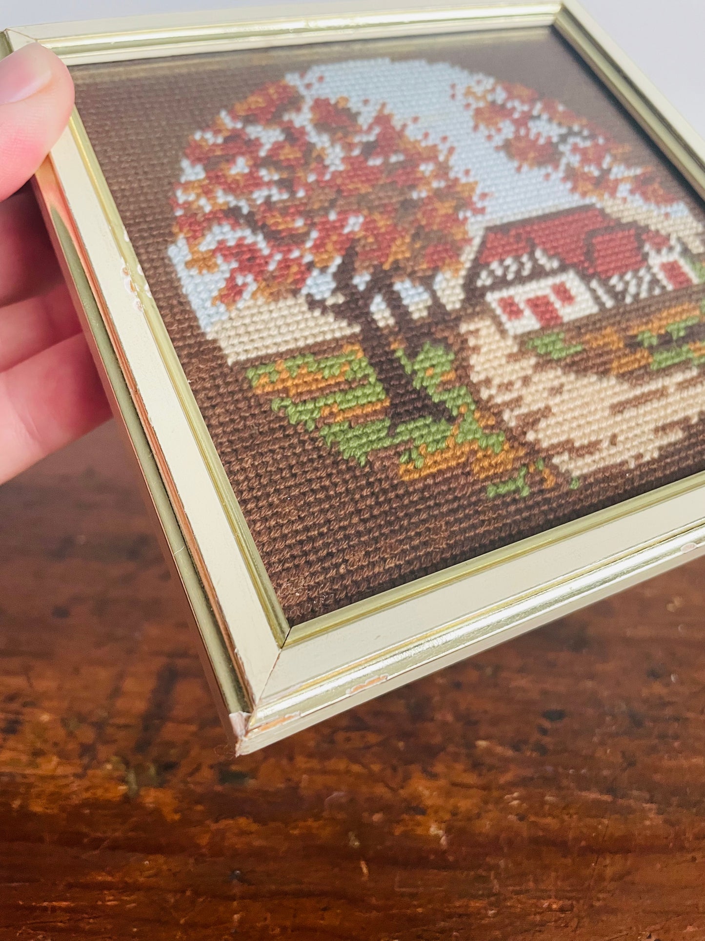 Vintage Mini Needlepoint Embroidery Picture in Square Frame - Fall Season - Red Roof House on Road with Trees of Changing Leaves