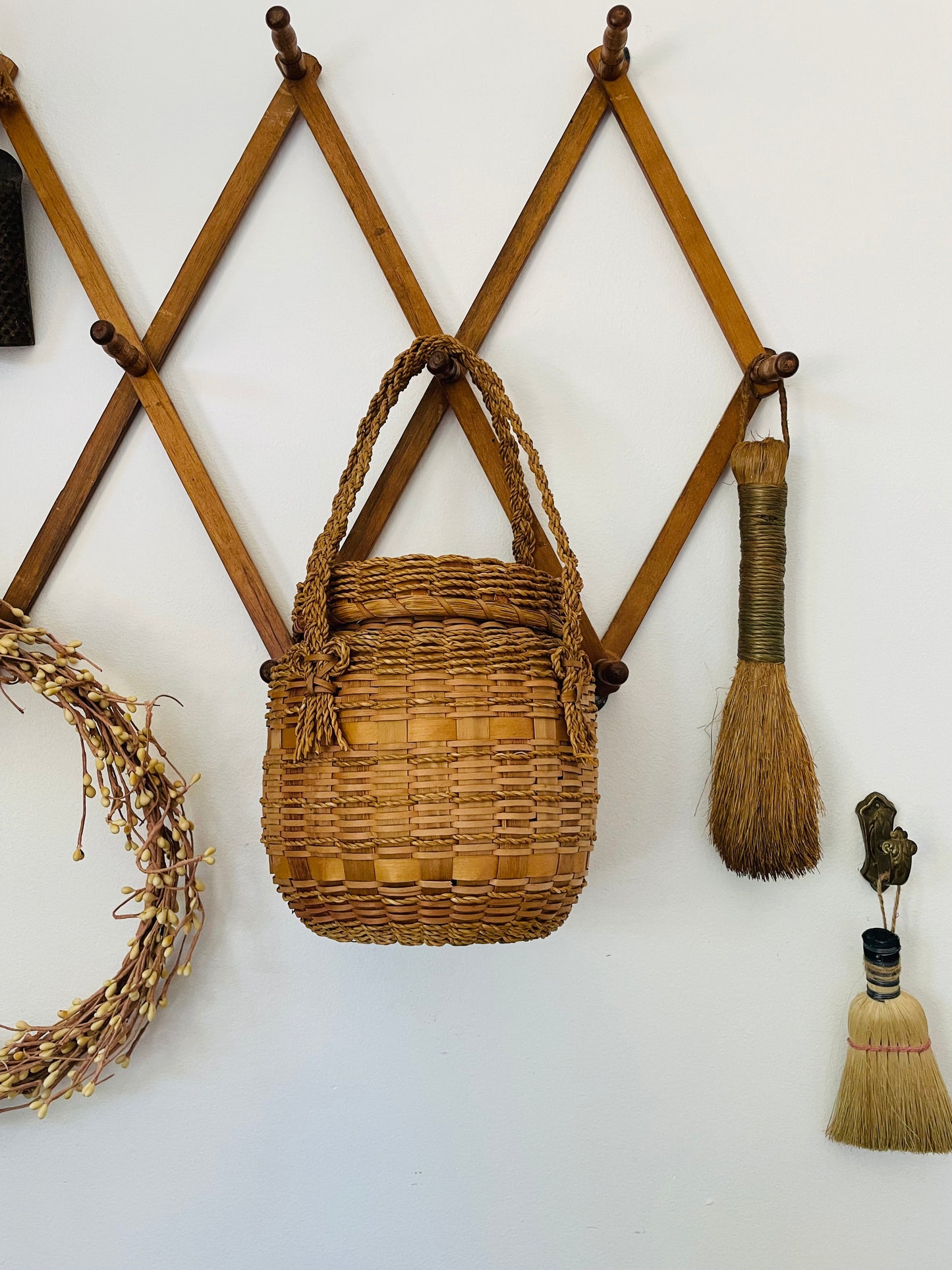Vintage Indigenous Woven Ash Wood & Sweet Grass Yarn Holding Basket with Braided Handles & Lid - Hole in Lid to Pull Yarn Through