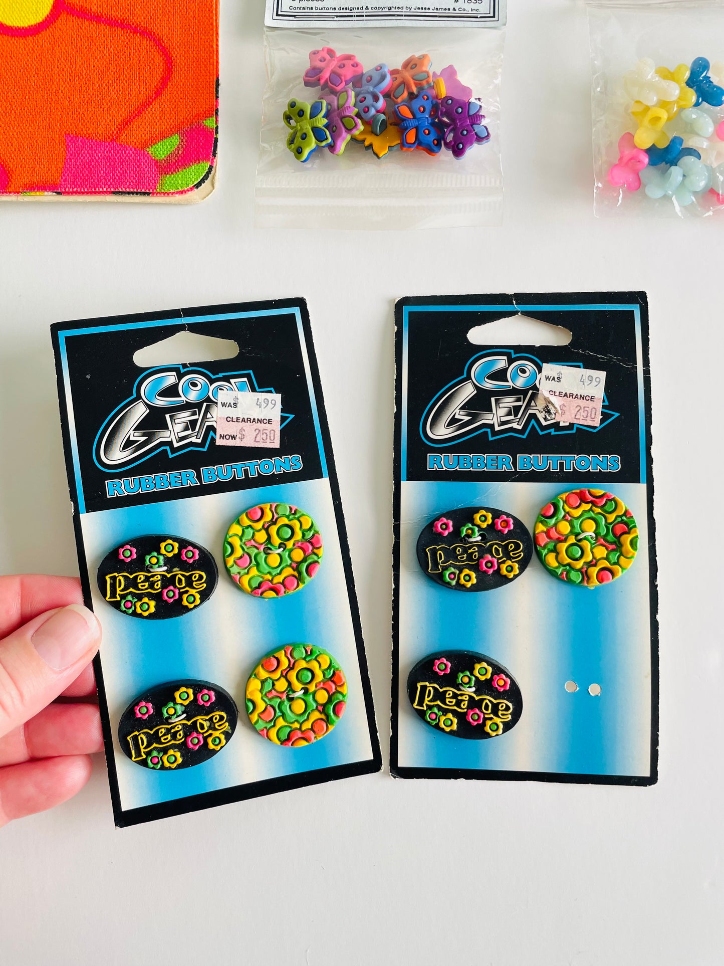 Vintage Groovy Sewing Notions Bundle - Peace, Flower Power, Butterfly, Stars & Shapes Buttons - Fuddle Duddle Floral Iron-On Patches - Rainbow Rick Rack - Bright & Fun!