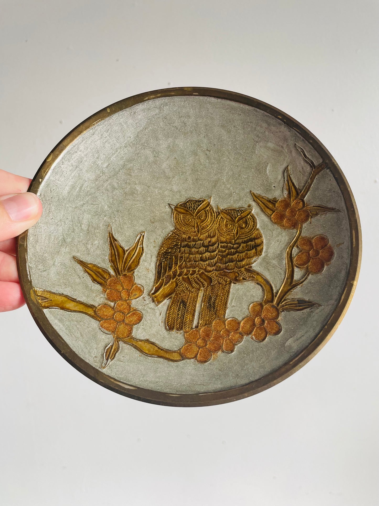 Vintage Enamelled Brass Footed Pedestal Bowl Dish with Pair of Owls Perched on Cherry Blossom Tree Branch Design
