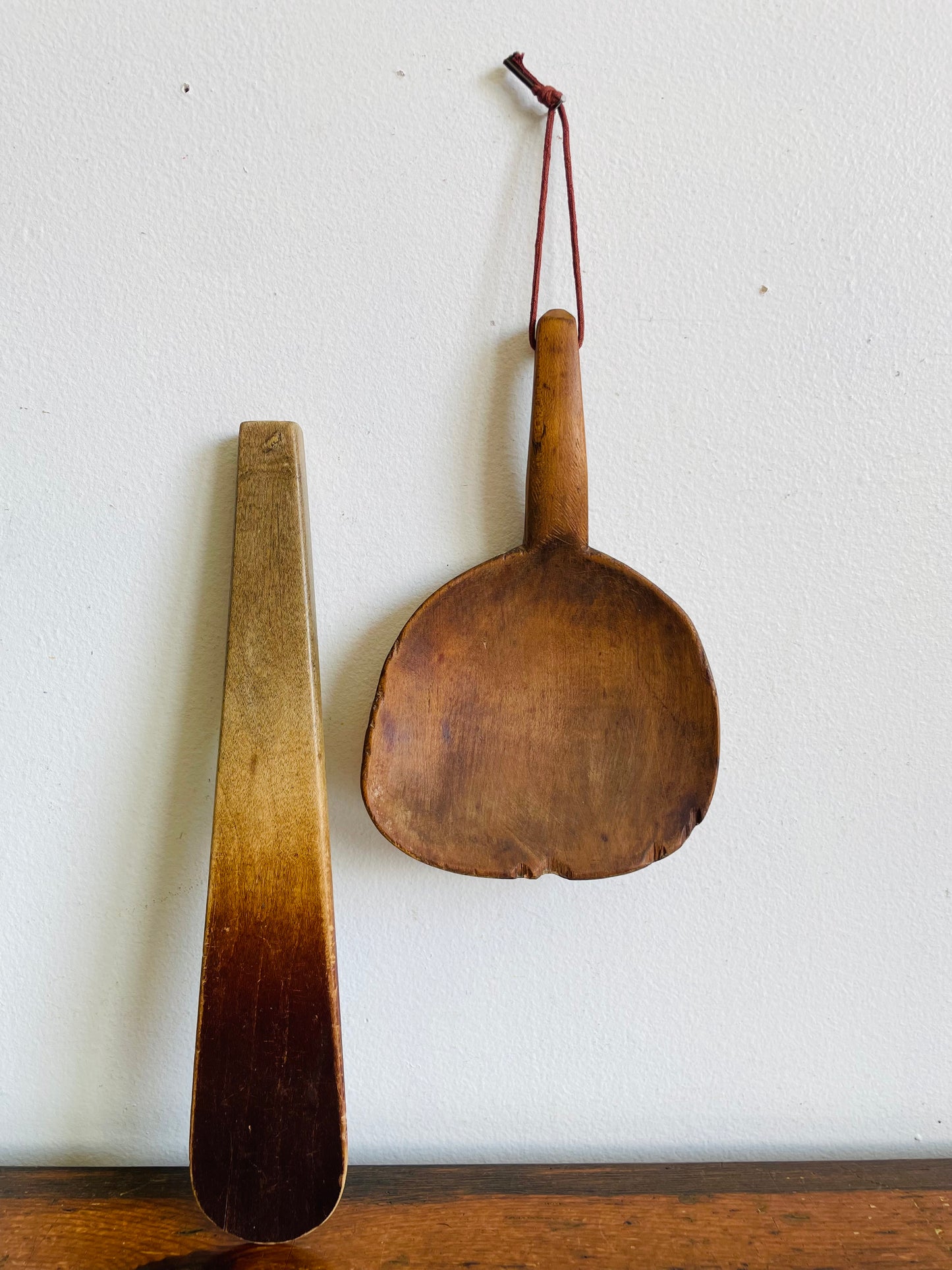 Antique Primitive Wood Farmhouse Kitchen Utensil Set - Scoop Paddle on Rope & Spatula Spoon - Set of 2