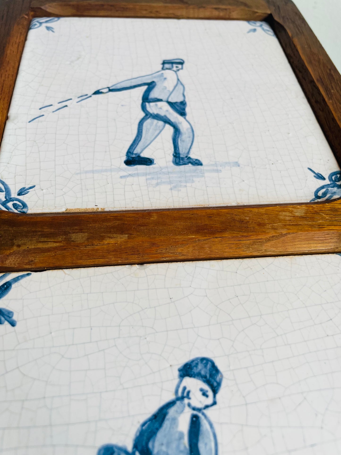 Vintage Framed in Wood Dutch Tiles with Blue & White Farming / Farmer Scenes
