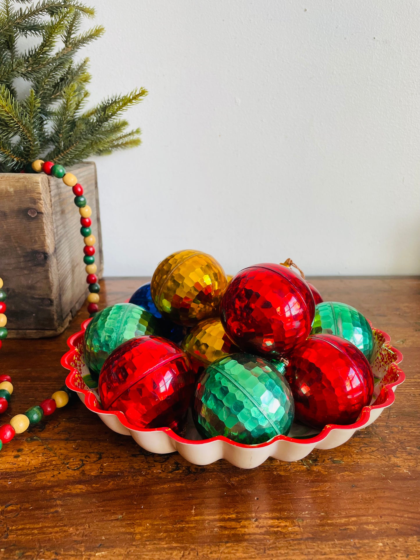 Vintage Collection of 12 Plastic Mid-Century Modern MCM Mirrored Metallic Disco Ball Christmas Ornaments & Round Santa Face Bowl with Scalloped Edges