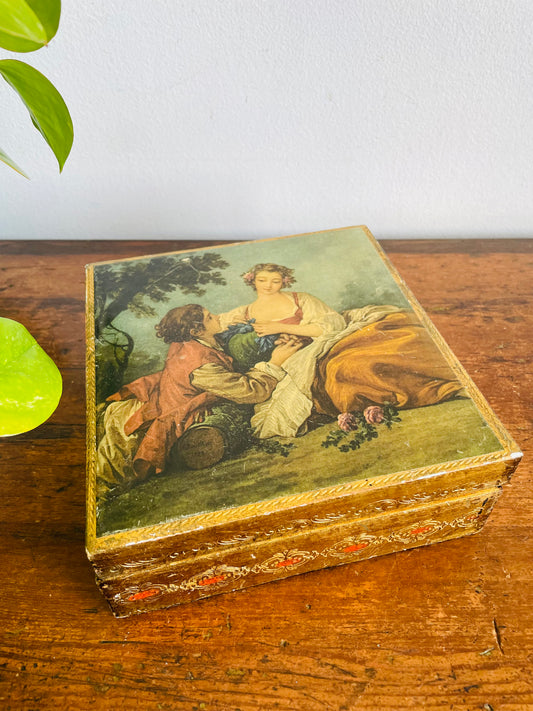 Vintage Florentine Box with Hinged Lid & Scene from François Boucher's Painting "La Musette" - Made in Italy