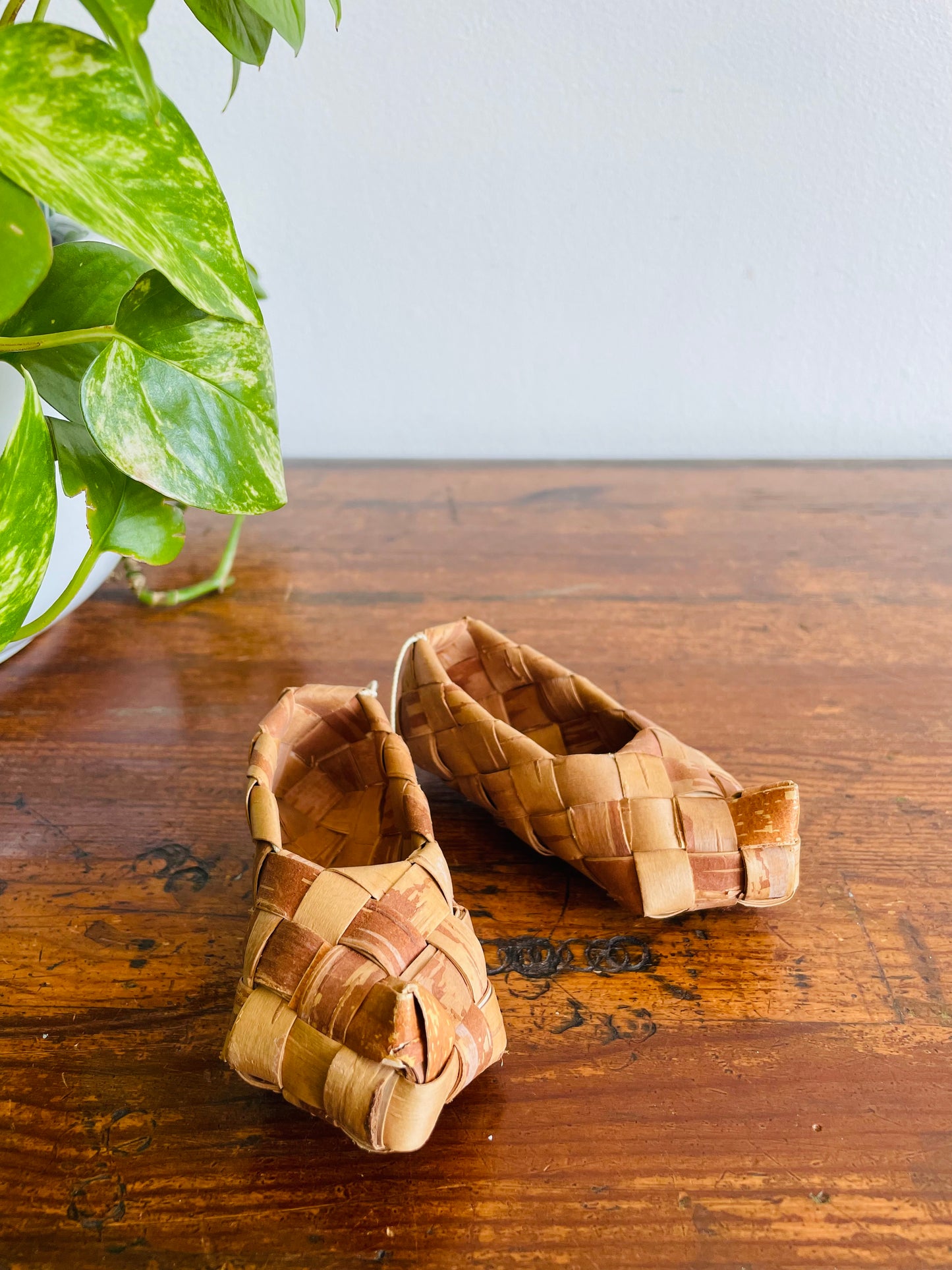 Finnish Birch Bark Woven Wood Shoes # 2 - Set of 2 Hanging on Rope