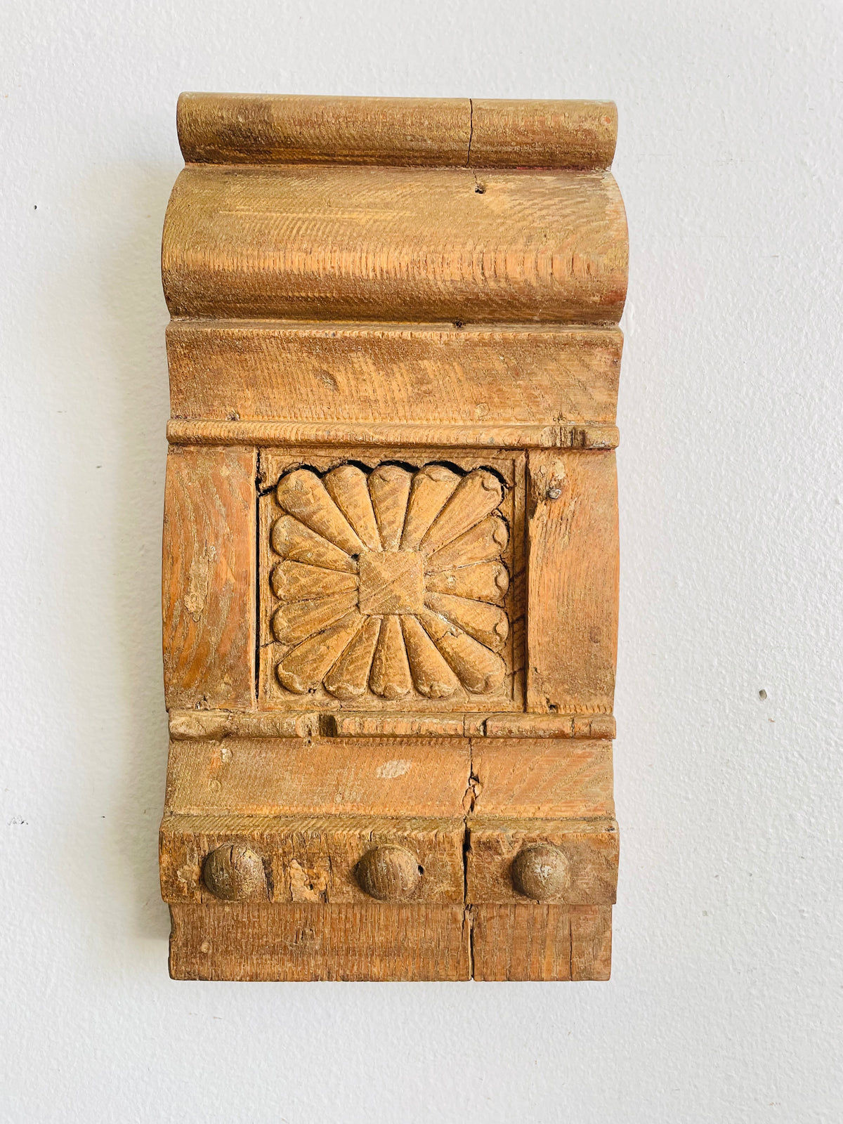 Vintage Wood Architectural Salvage Plinth Block Piece with Floral Rosette & Molded Trim - Can Hang or Stand