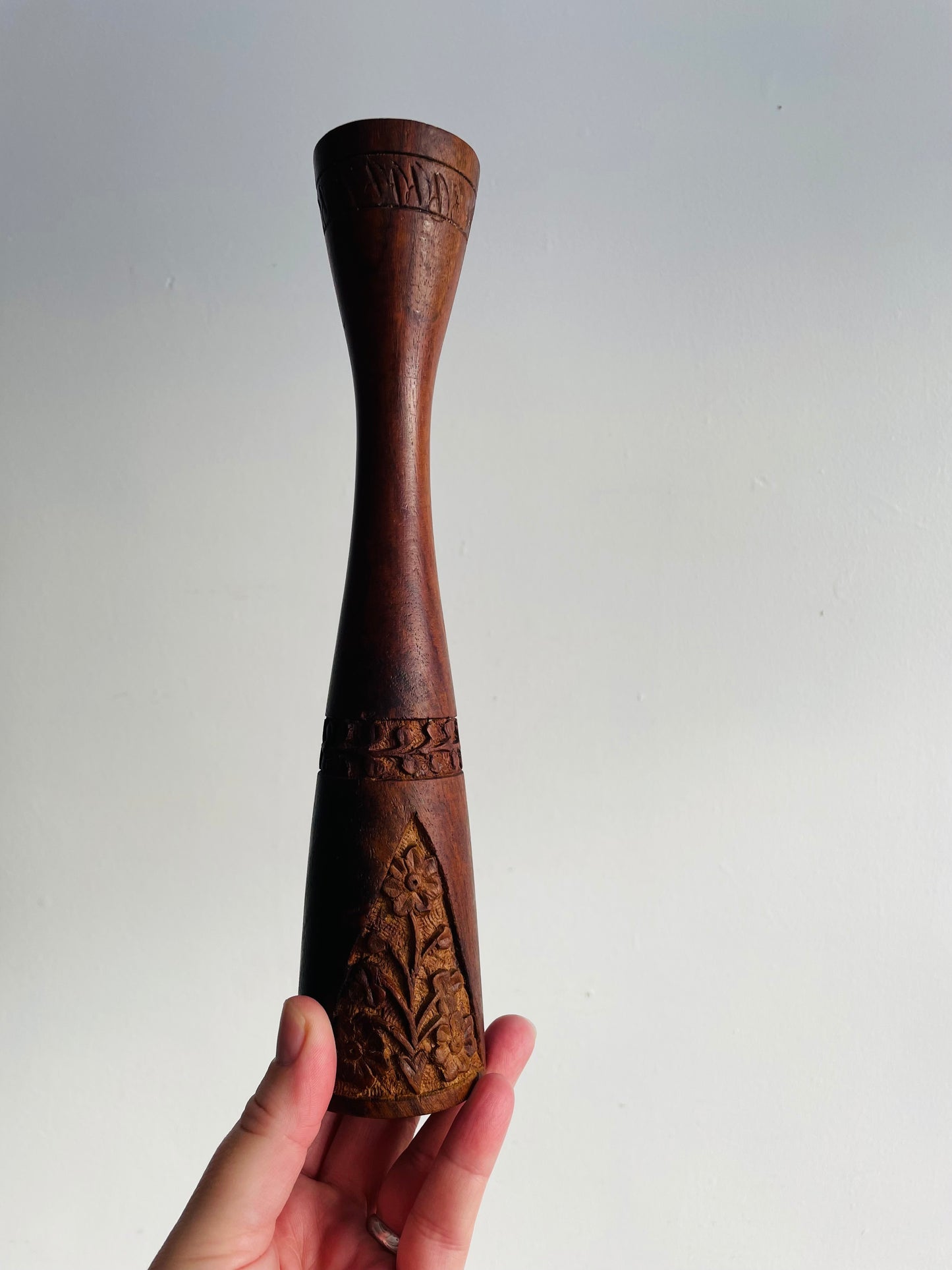 Tall & Shapely Indian Rosewood Candle Holders with Carved Floral Design - Set of 2 - Made in India