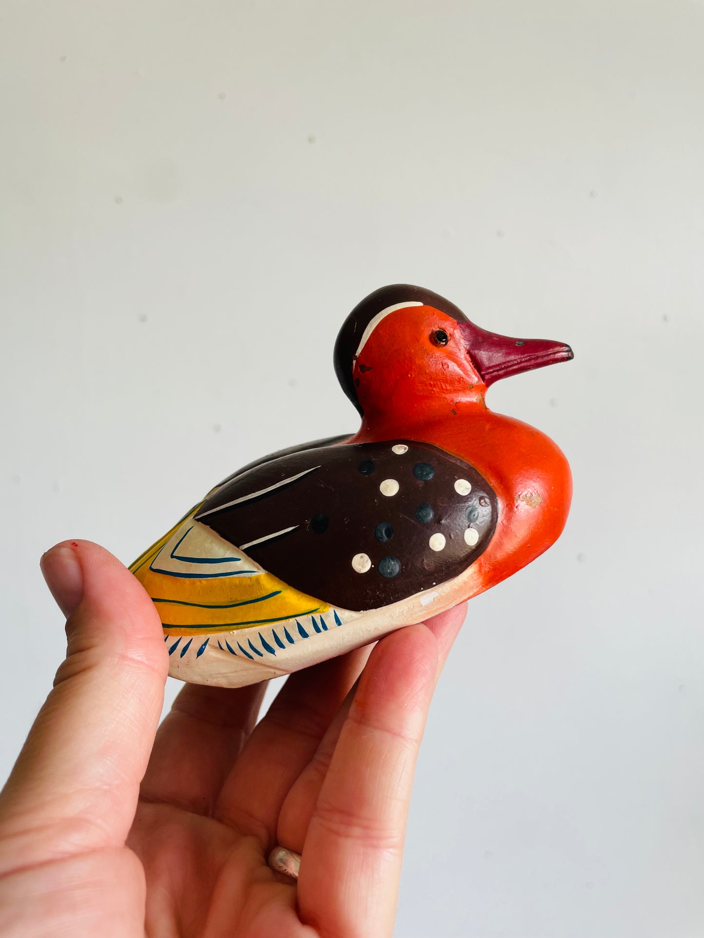 Vintage Small Wood Decoy Duck Figurine with Brightly Coloured Hand Painted Design
