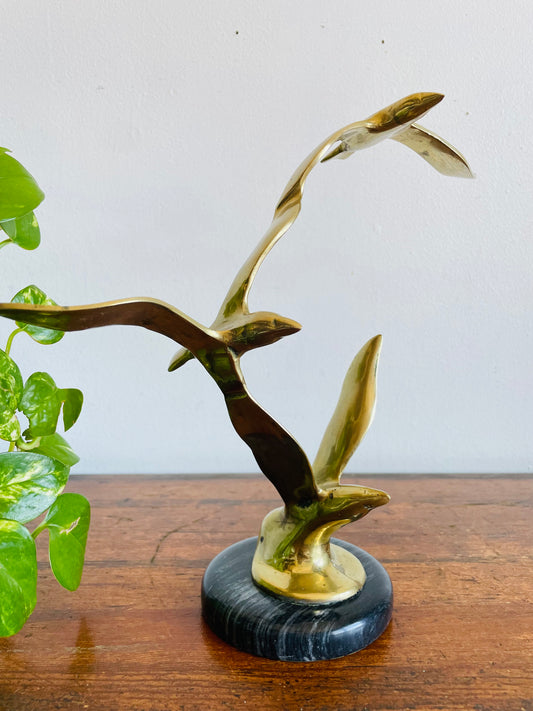 Vintage Penco Solid Brass Trio of Seagull Birds in Flight on Marble Base Statue - Made in Taiwan