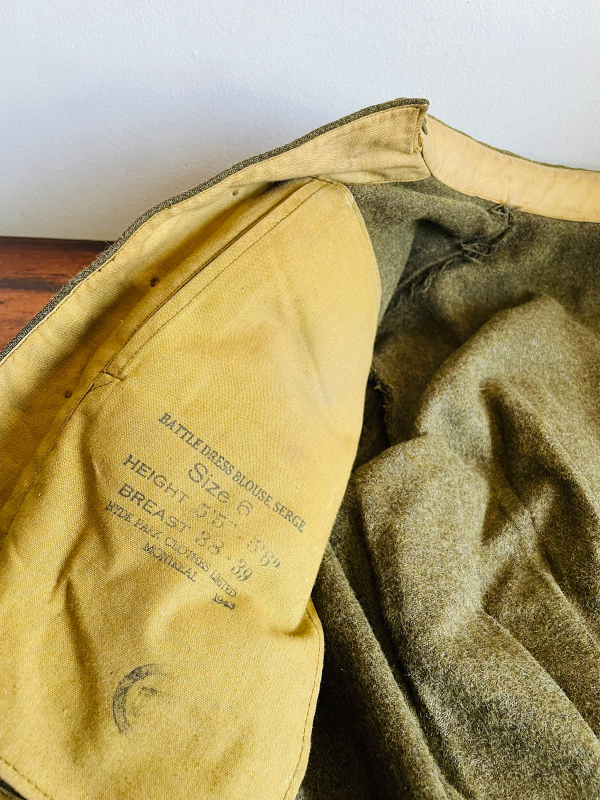 Vintage WW2 1943 Battle Dress Blouse Serge Wool Shirt - Size 6 - 8 LAA RCA - 8th Light Anti-Aircraft Regiment - Royal Canadian Artillery - Made by Hyde Park Clothes Limited Montreal