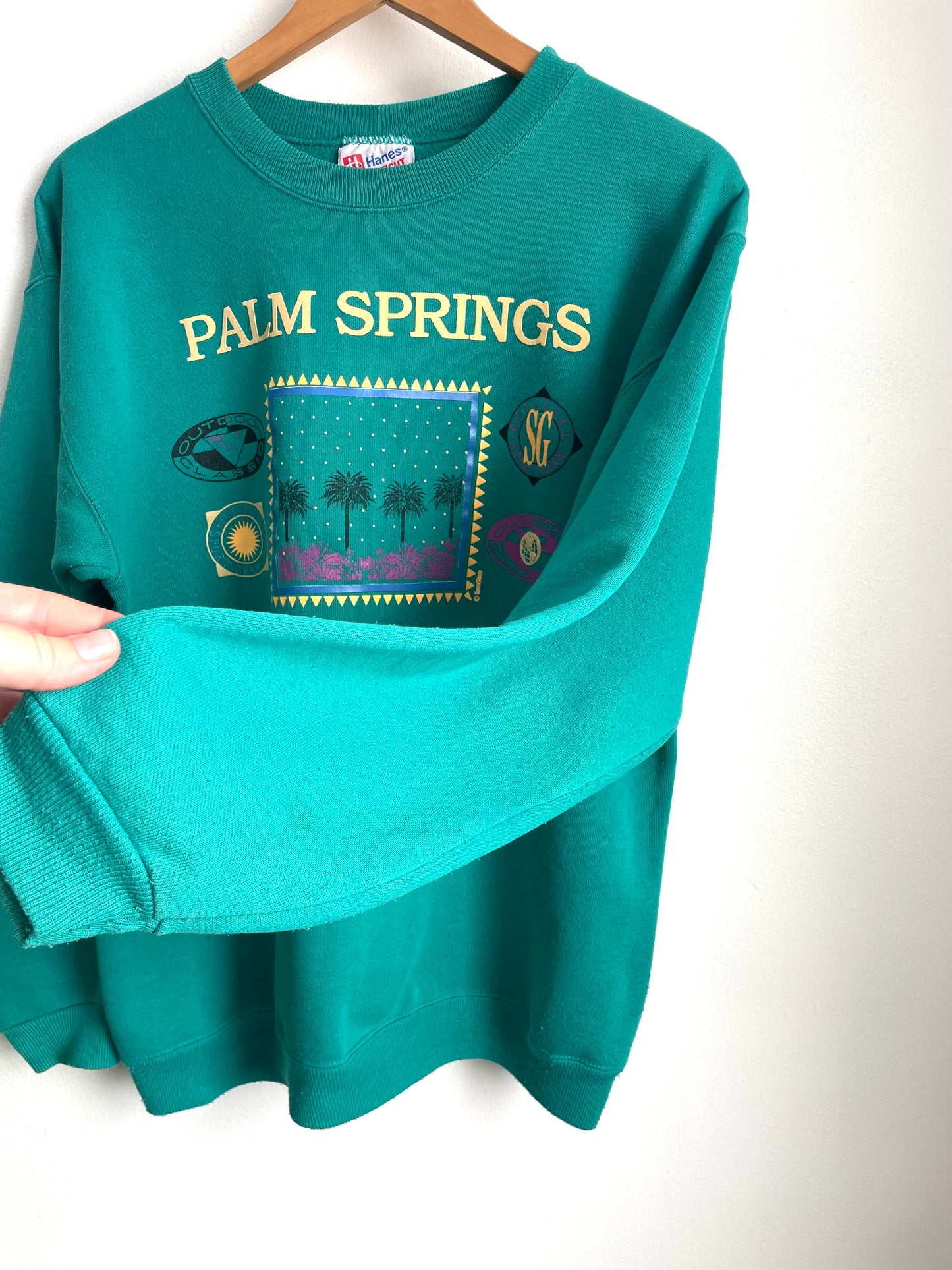 Palm Springs California Turquoise Green Crewneck Sweatshirt - Hanes Heavyweight - Men's Sizing