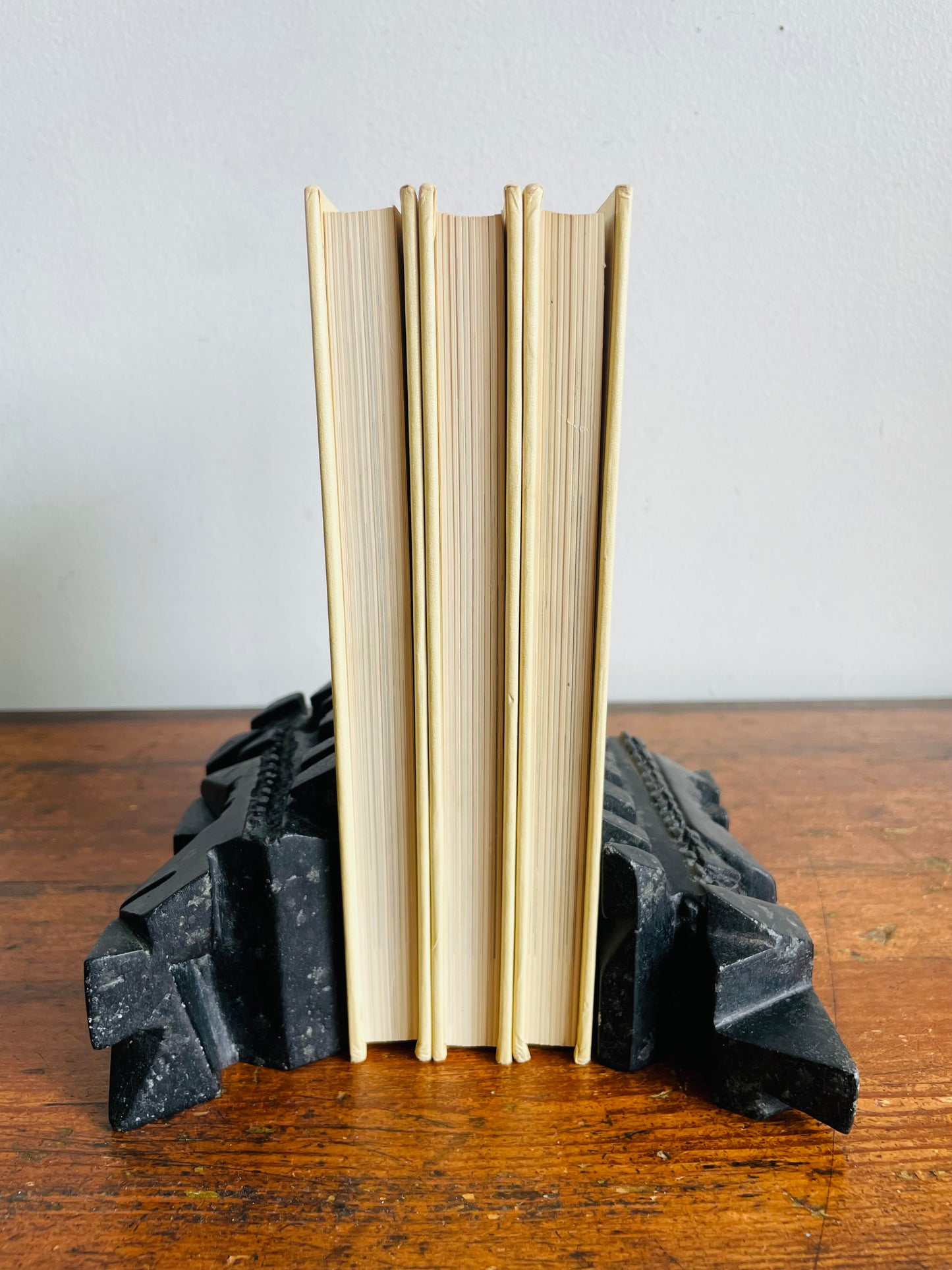 Vintage Carved Soapstone Bookends with Futuristic Abstract Design - Set of 2