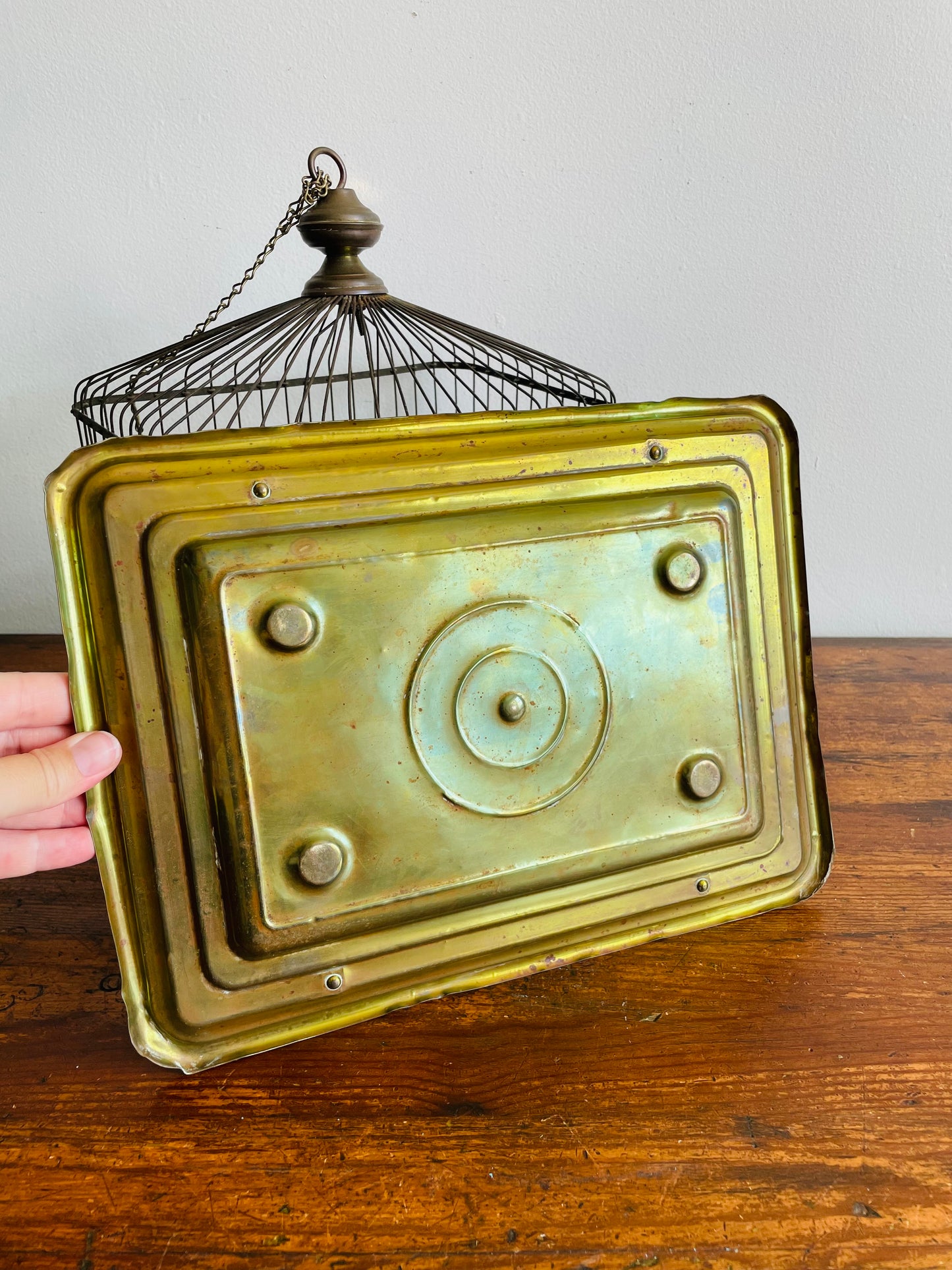 Antique Hendryx Brass & Metal Wire Bird Cage with Wood Perches & Milk Glass Food Dish - Art Deco Decor