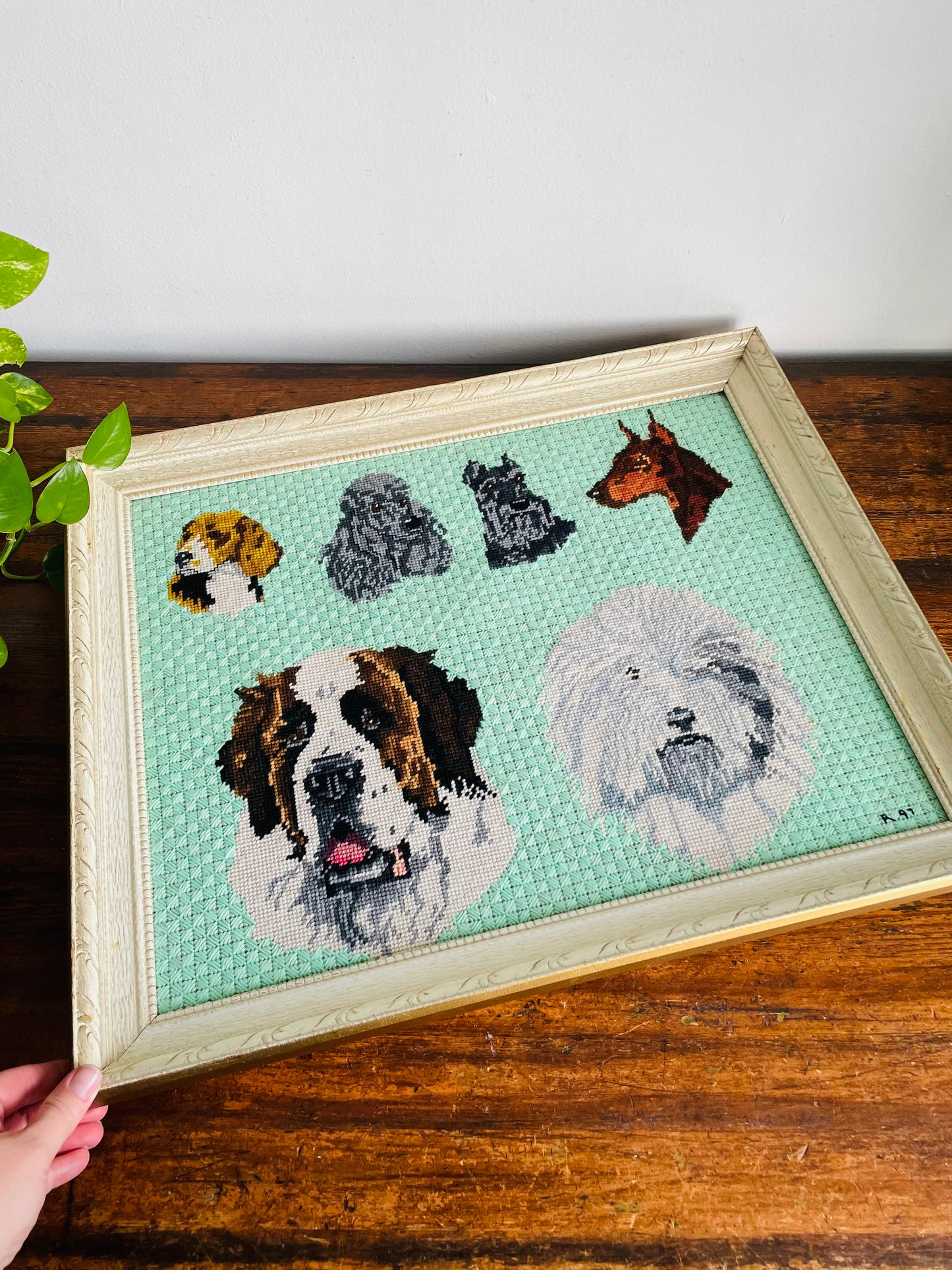 Vintage 1997 Adorable Needlepoint Embroidery Picture of Dog Breeds on Seafoam Green Background in Wood Frame - Beagle, Poodle, Schnauzer, Doberman, St. Bernard & Sheepdog