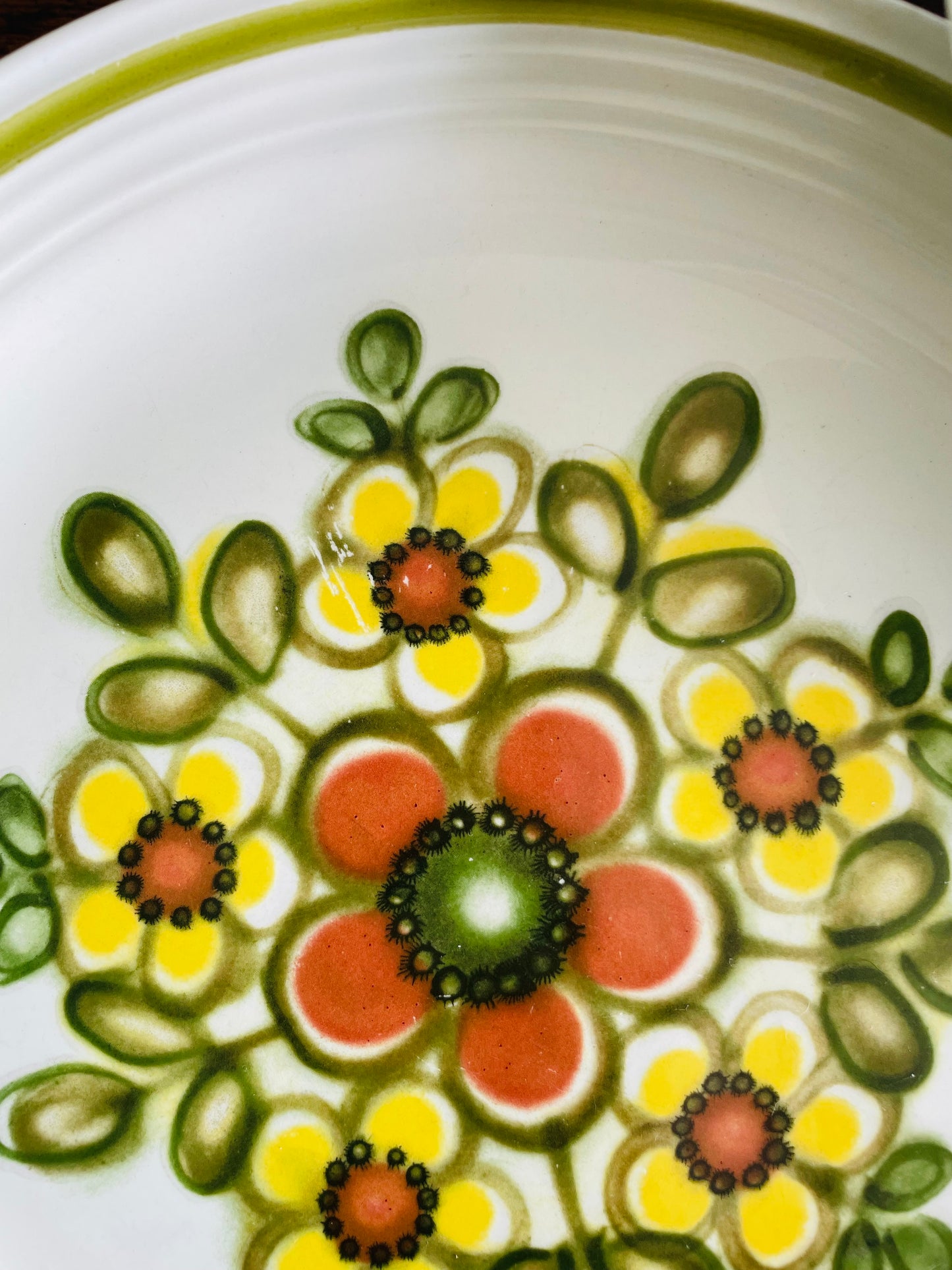 Vintage 10" Dinner Plates with Groovy Orange, Yellow & Green Flower Power Pattern - Set of 8 -  Made in England