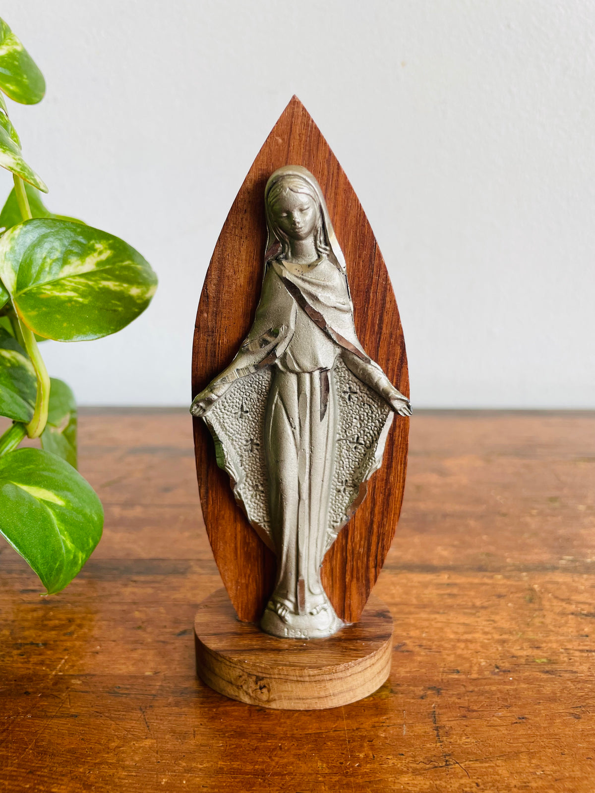 Vintage Hand-Engraved Pewter / Peltro Cesellato a Mano - The Miraculous Medal 1830 Mary Statue on Wood Base - Made in Italy