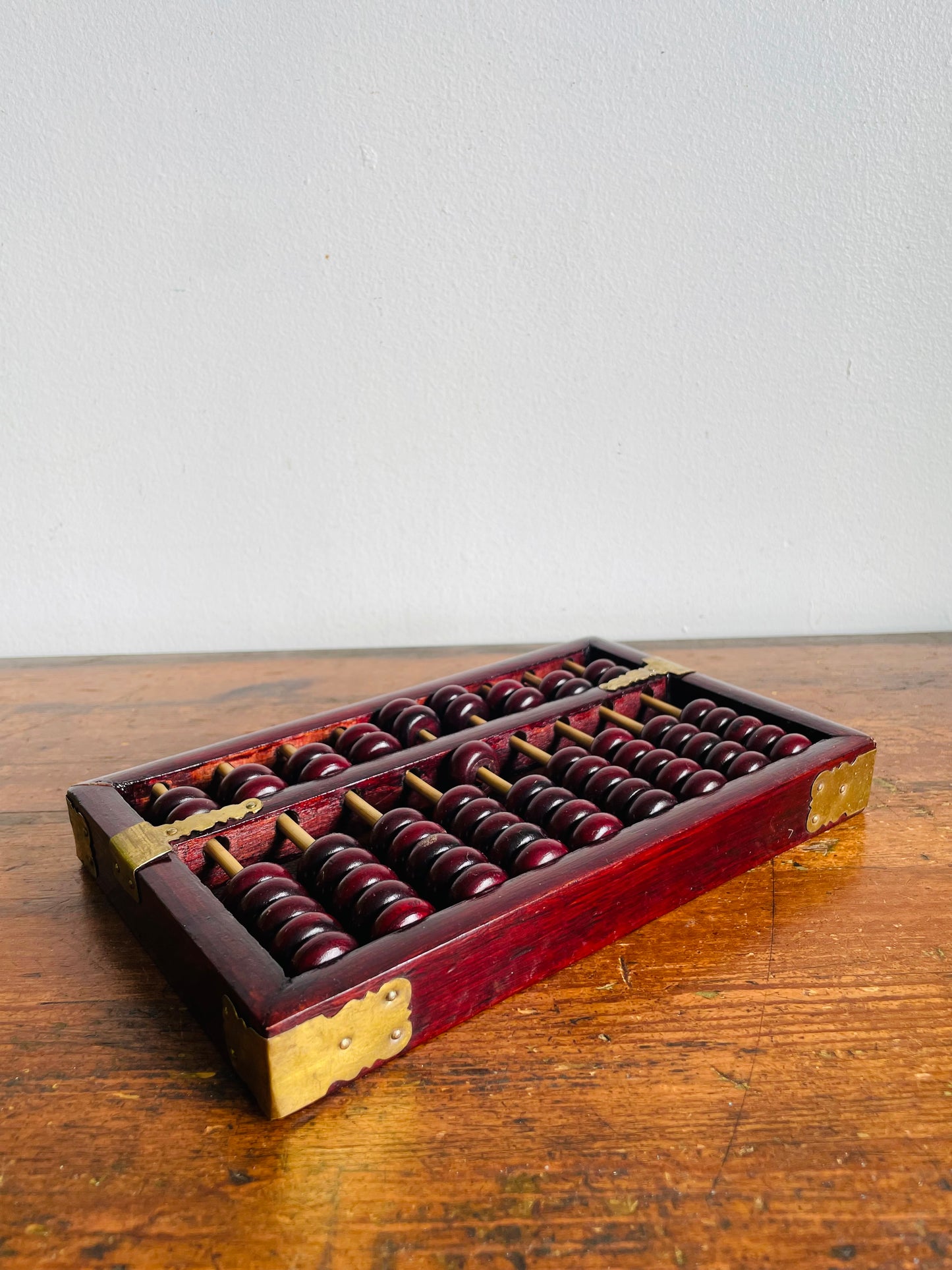 Vintage Red Lion Brand Chinese Suanpan Wood Abacus with Brass Details