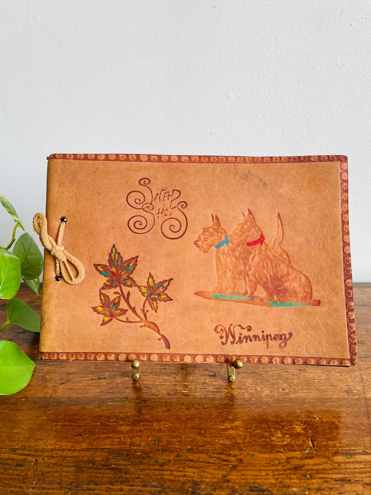Vintage Leather Photo Album with Unused Black Black Pages Inside - Snapshots - Leaf & Dog Design - Souvenir from Winnipeg, Manitoba