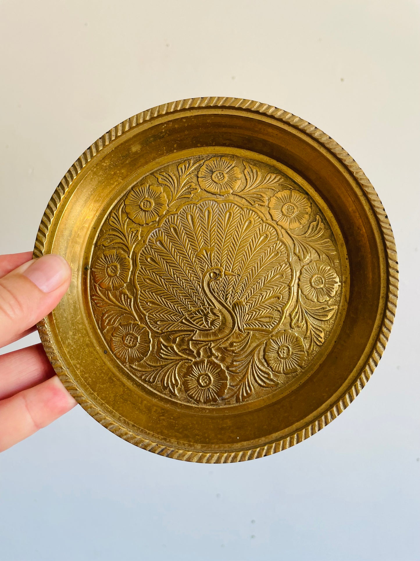 Vintage Solid Brass Trinket Bowl Dish with Embossed Peacock Bird & Flower Design - Made in India