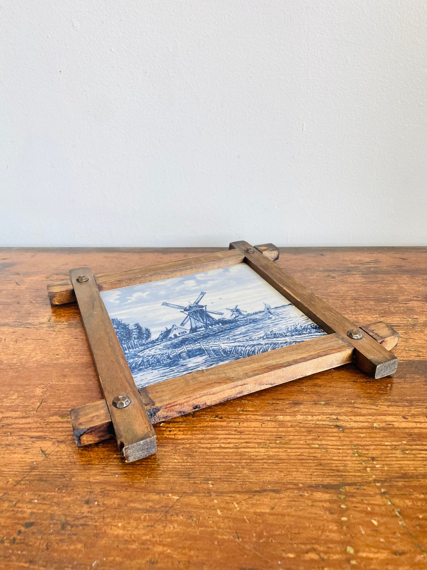 Vintage Delft Blue Hand-Painted Dutch Windmill Scene Wall Hanging Tile in Wood Frame - Made in Holland