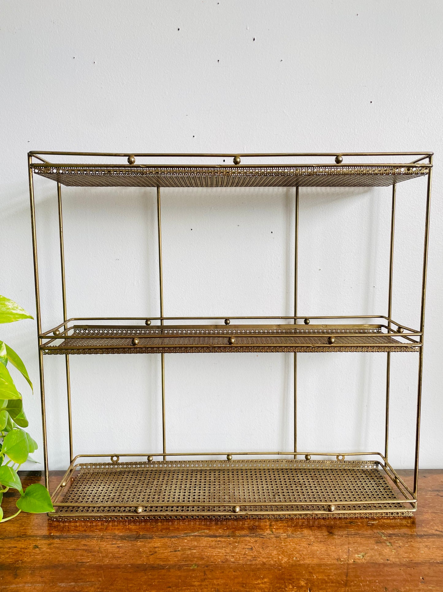 Vintage Gold Toned Metal & Brass Wall Hanging Shelf with Openwork Grill Design & Raised Edges - 3 Shelves- No Shipping