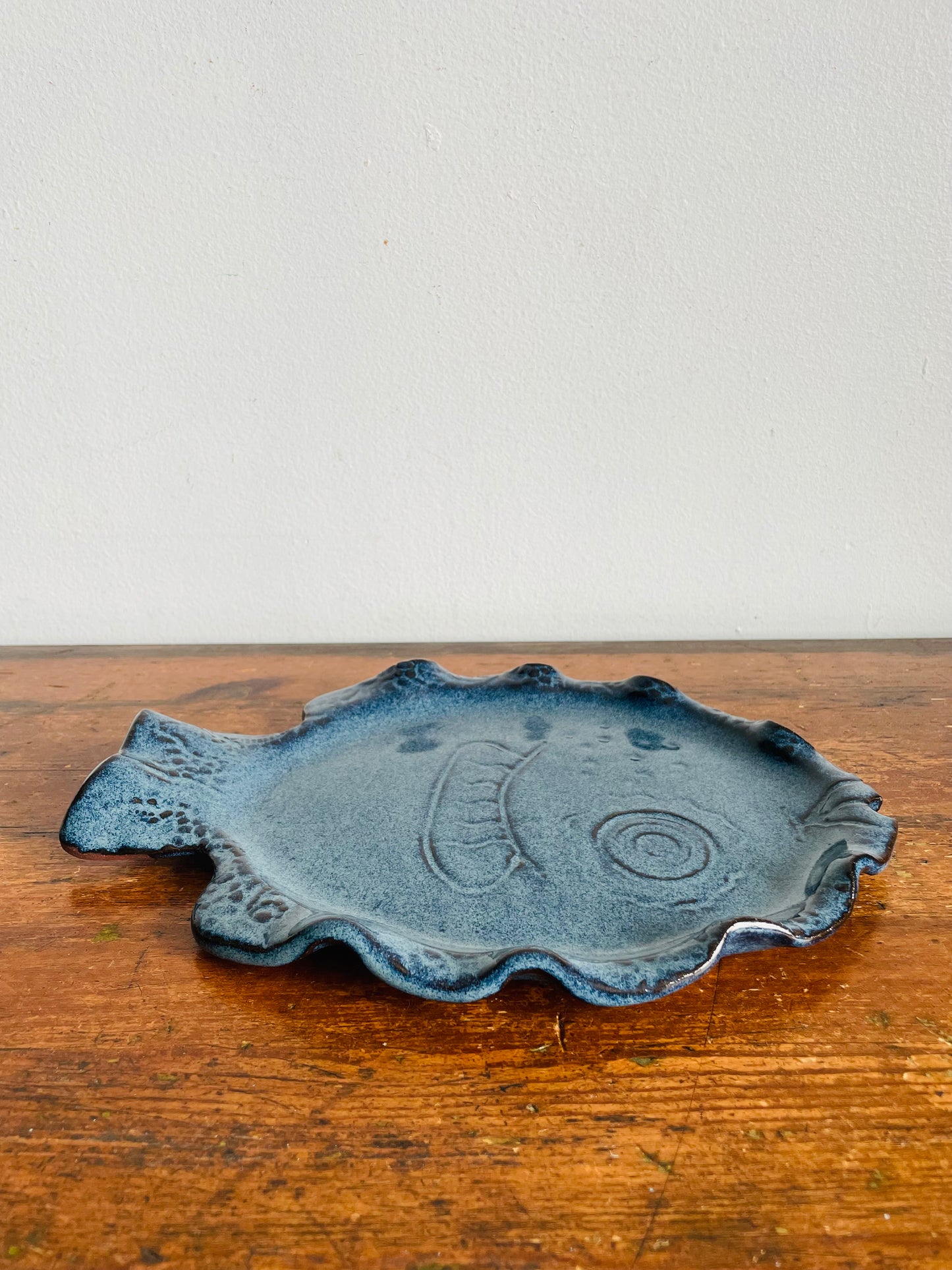 I'll Have the Fish Platter! Vintage Studio Art Pottery Wavy Speckled Blue Fish Plate - Artist Signed