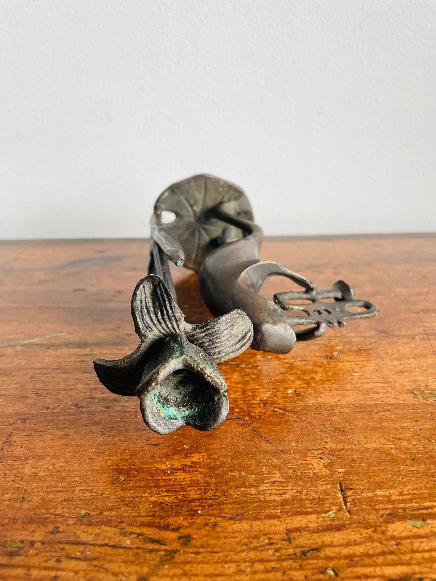 Vintage Solid Bronze Brass Trumpet Playing Frog Musician on Lily Pad with Flower Candle Holder