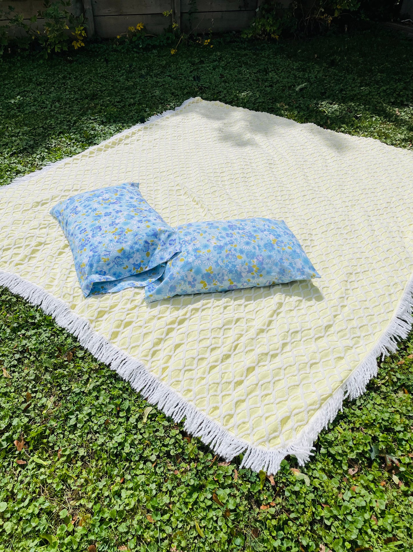 Yellow & White Chenille Bedspread Blanket with Fringe - Made in Canada