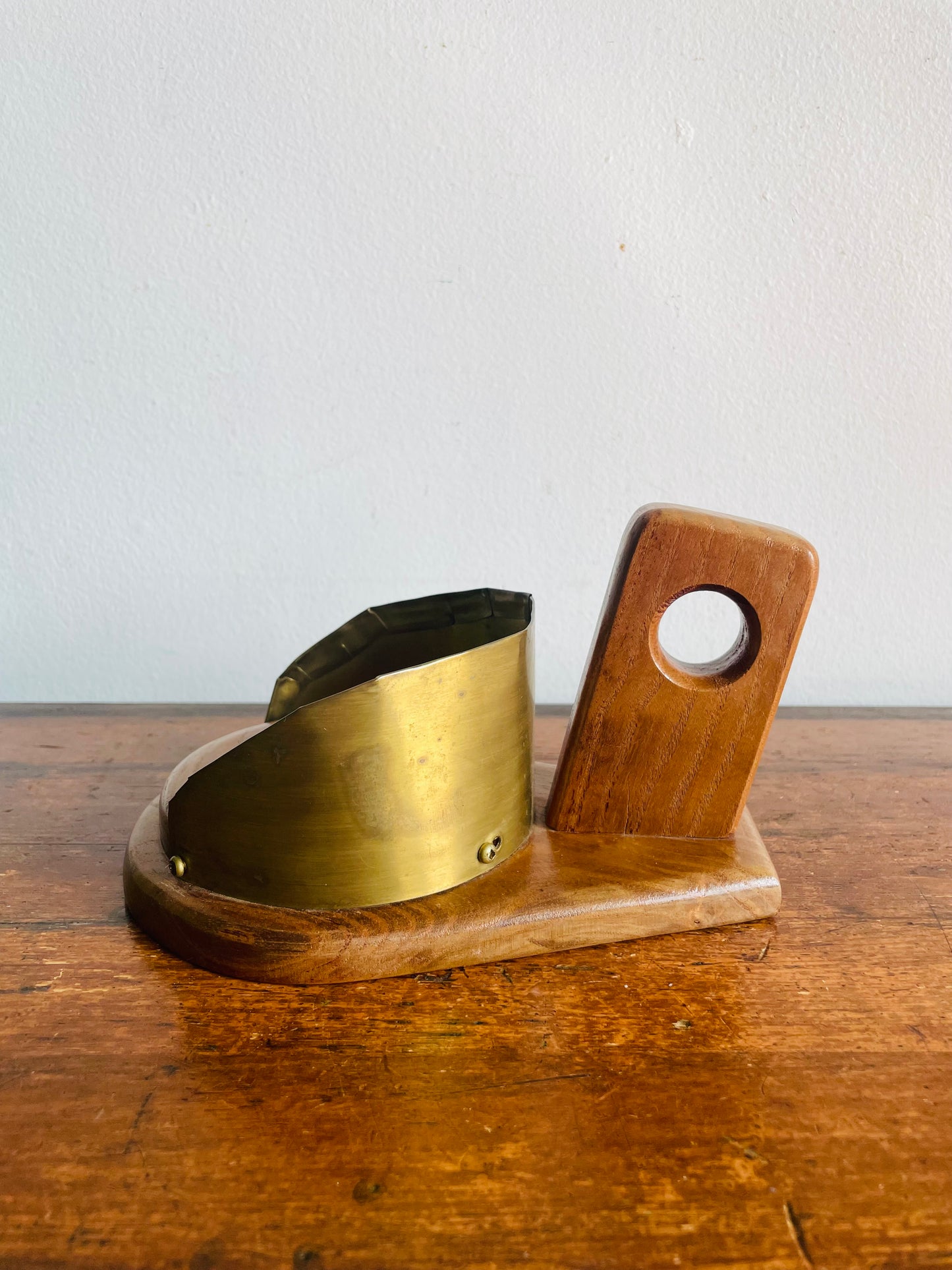 Vintage Brass & Wood Chamberstick Candle Holder Reflector - Pillar Candle or Tealight Candle