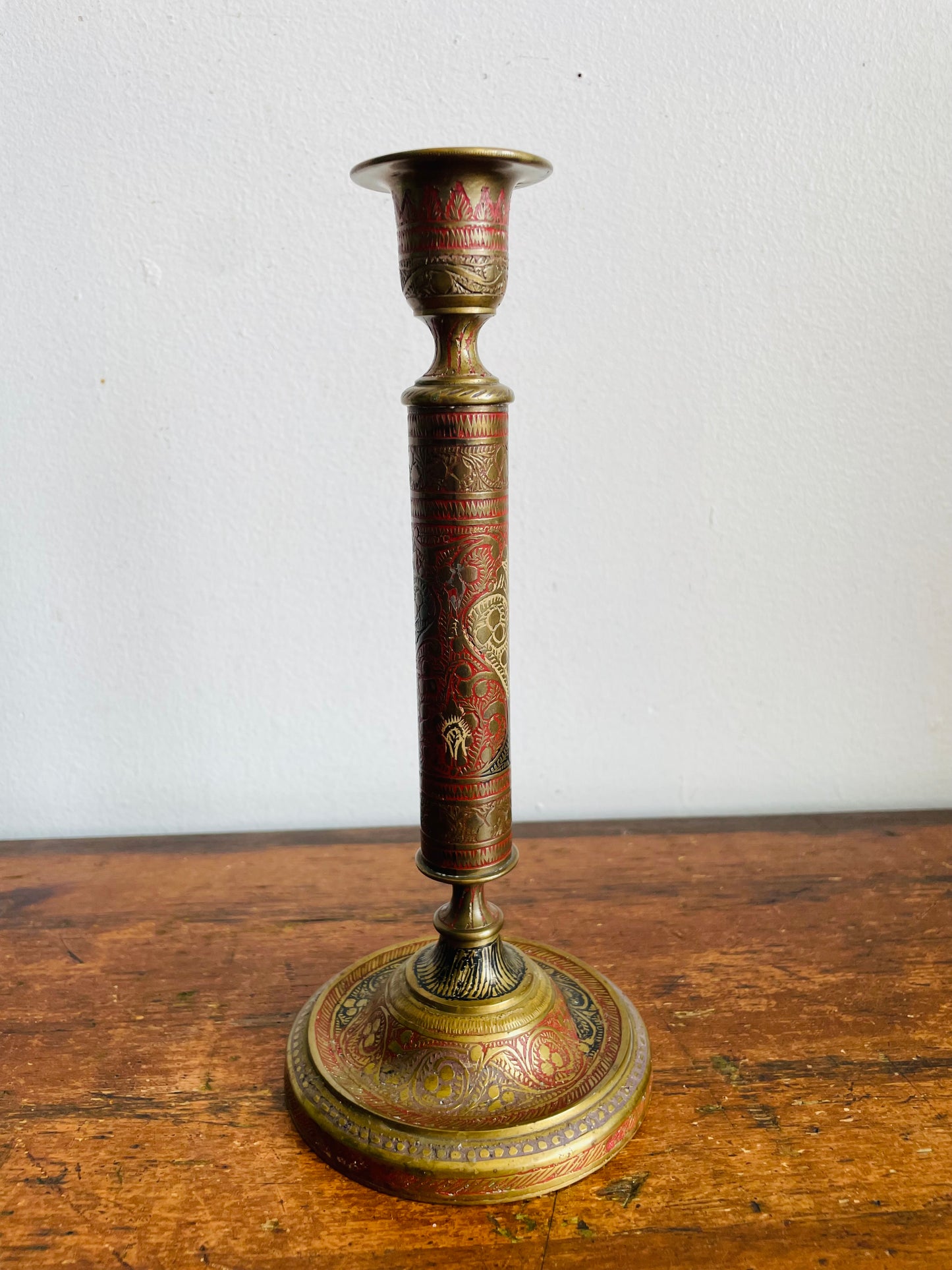 Vintage Solid Enamelled Brass 9" Tall Candle Holder