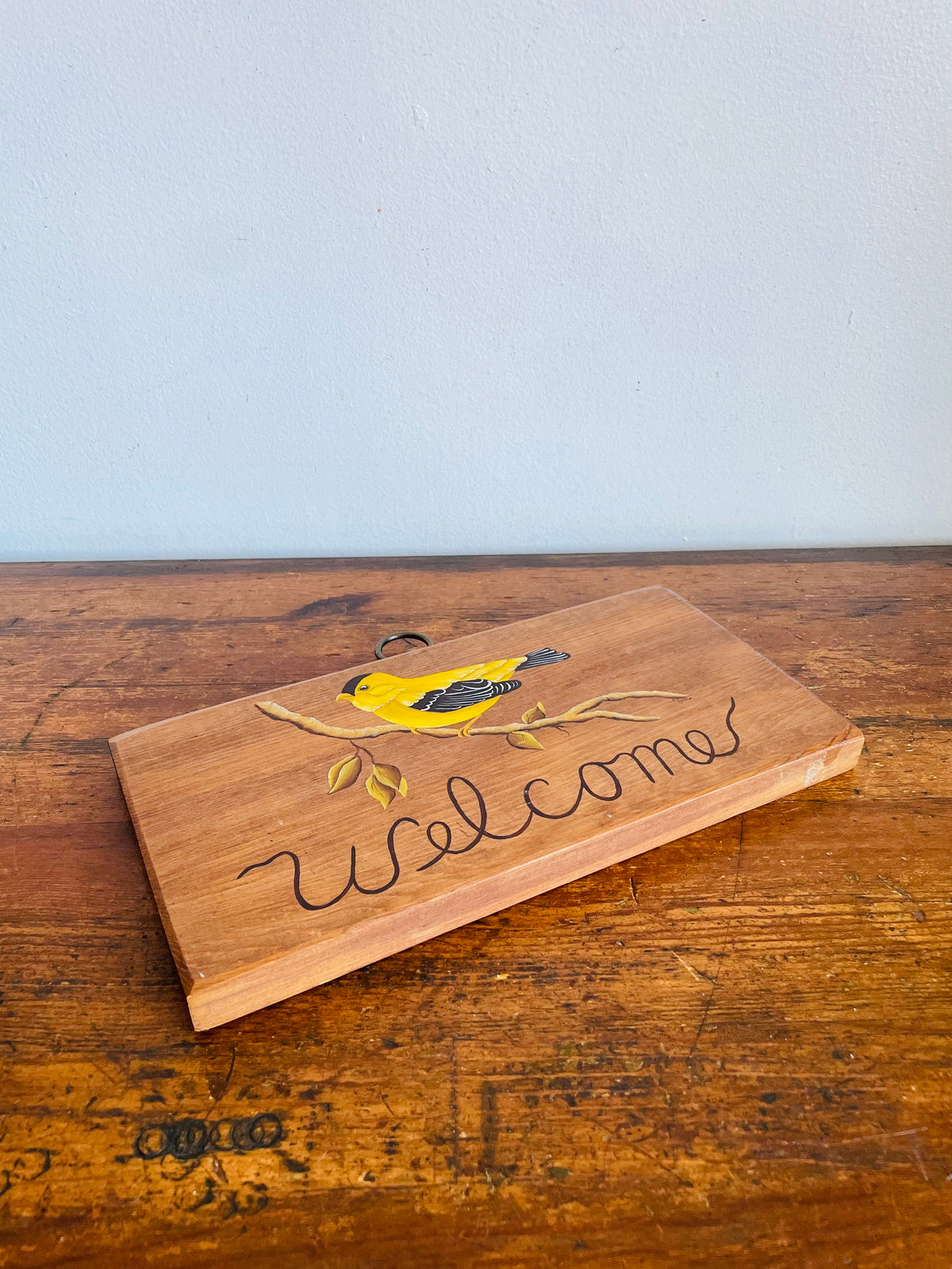 Vintage Wood Welcome Sign with Hand Painted Yellow Bird Design