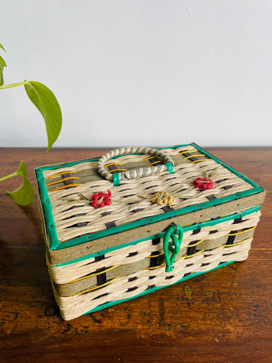 Woven Wood & Raffia Straw Sewing Basket with Floral Design - Made in Japan