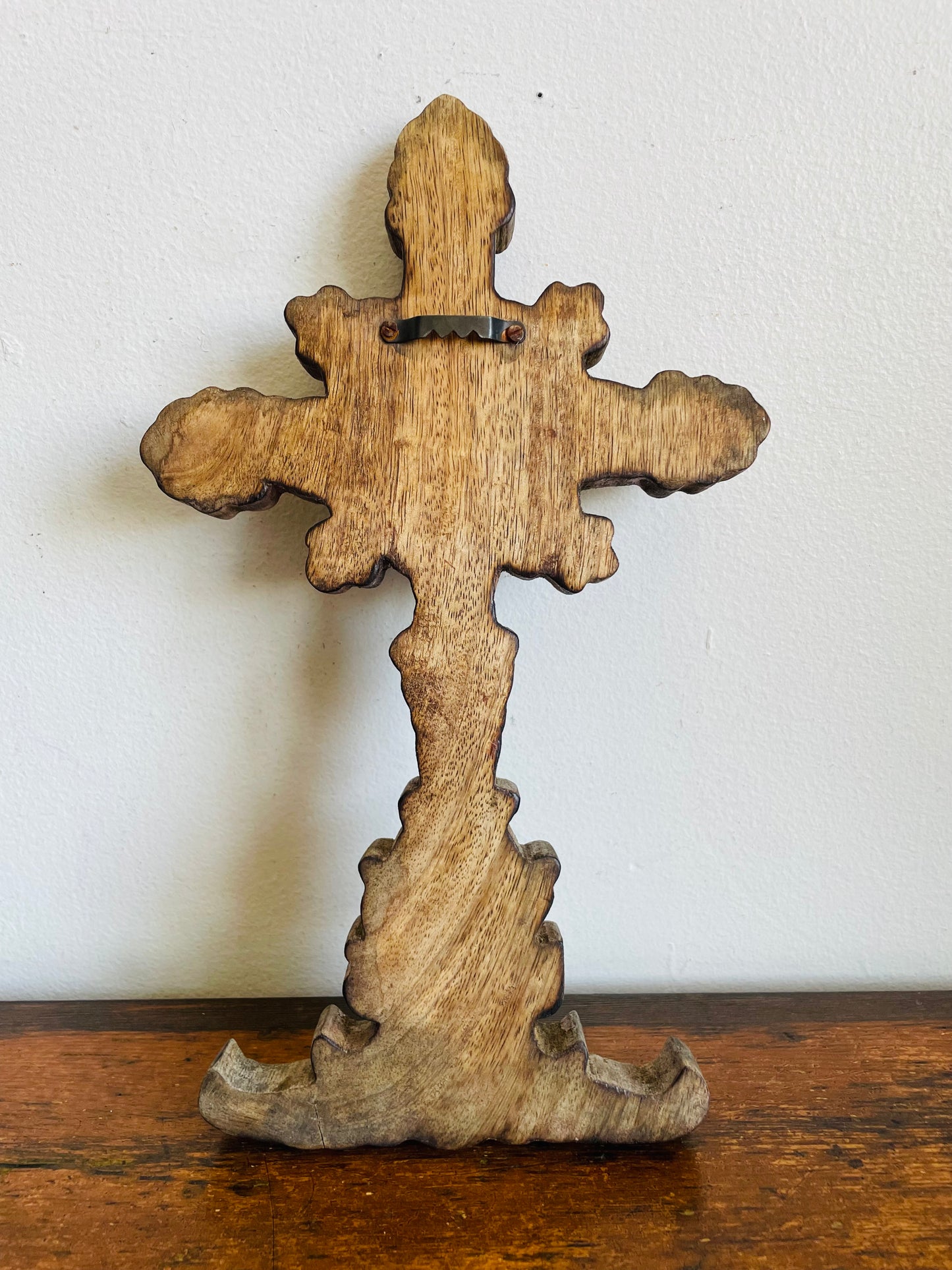 Vintage Carved Wood Wall Hanging Cross with Ornate Floral Design