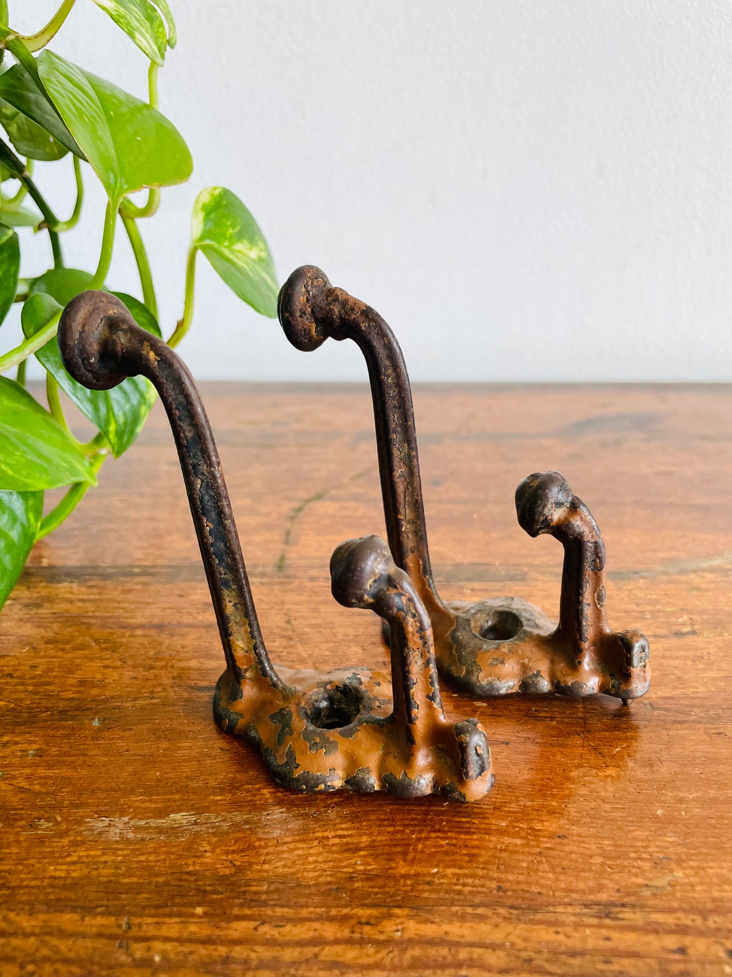 Vintage Black Metal Double Wall Hook Hangers with Chippy Brown Paint - Architectural Salvage / As Found - Set of 2