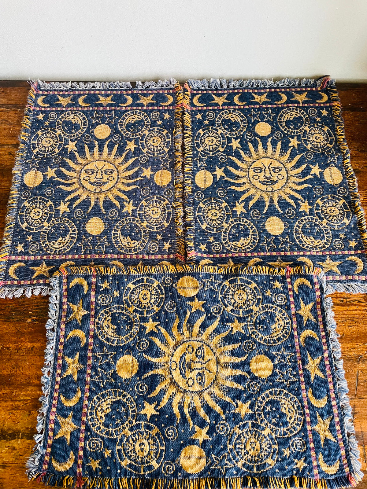 Vintage Blue & Yellow Reversible Celestial Tapestry Fabric Fringed Placemats with Sun, Moon & Star Design - Whimsigoth Decor - Set of 6