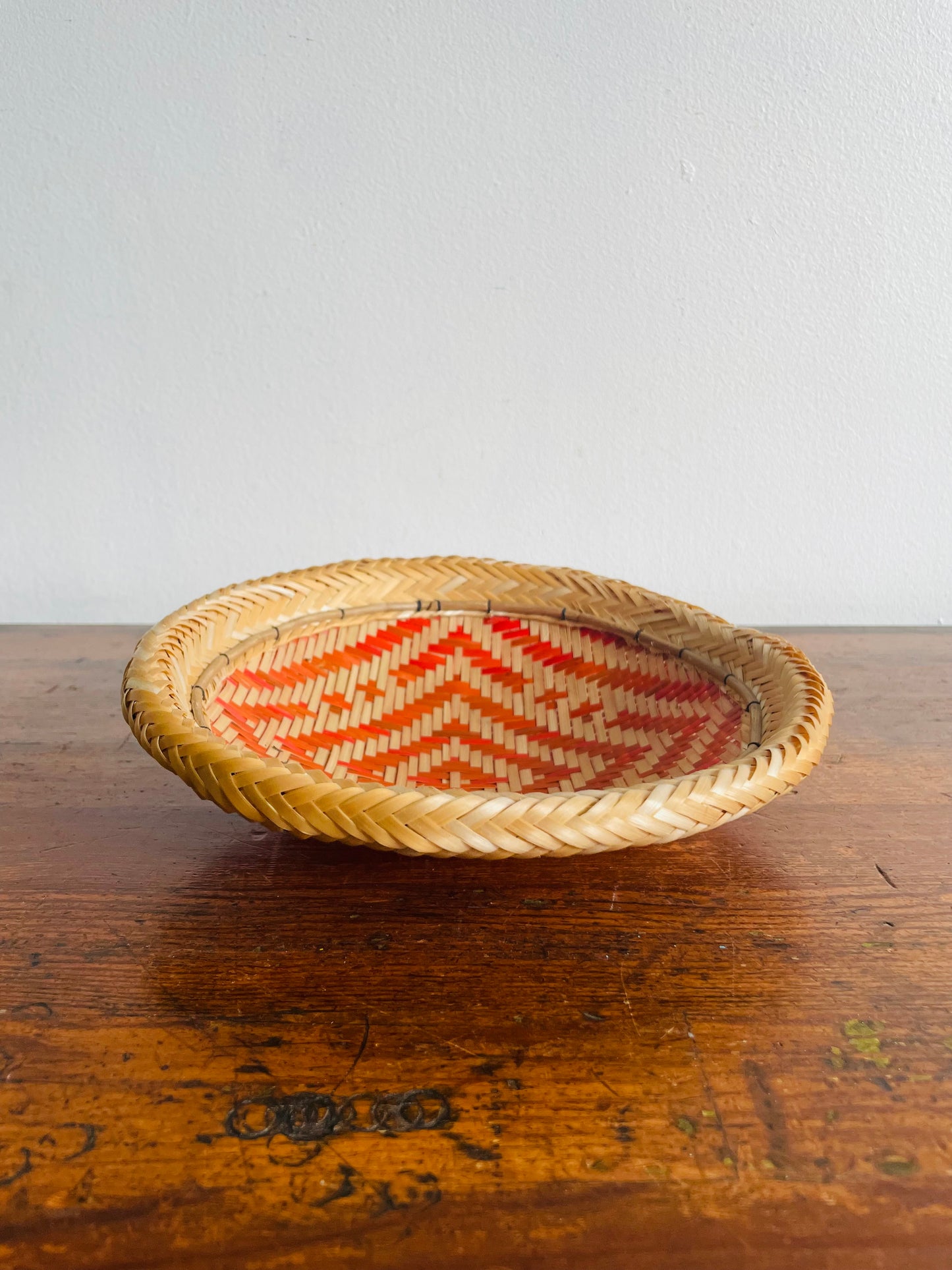 Woven Basket Bowl or Wall Hanging with Orange Design